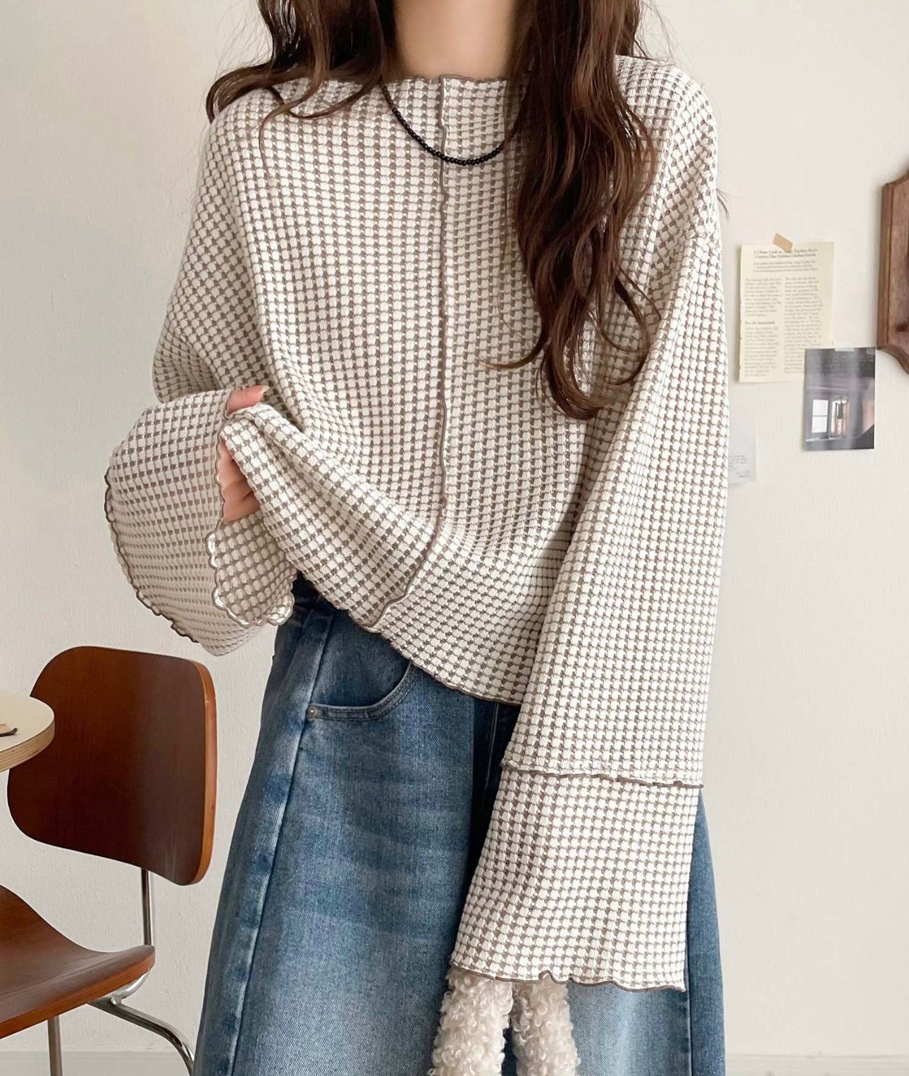 【預購】JN030904 classicalelf 瓦夫格紋喇叭袖上衣