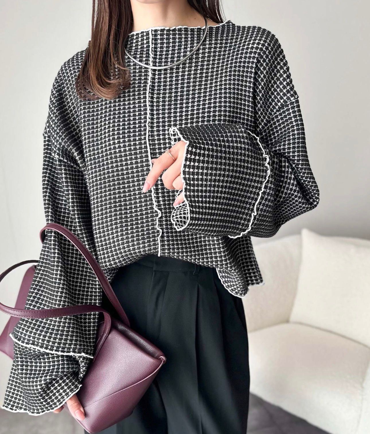 【預購】JN030904 classicalelf 瓦夫格紋喇叭袖上衣