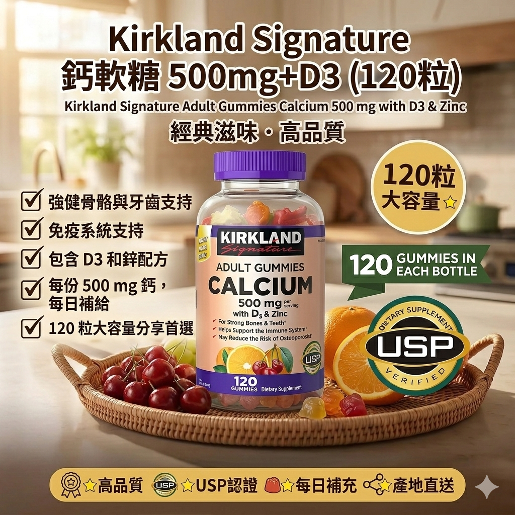 【直播】LX020641 Kirkland Signature 鈣軟糖 500mg+D3 (120粒)