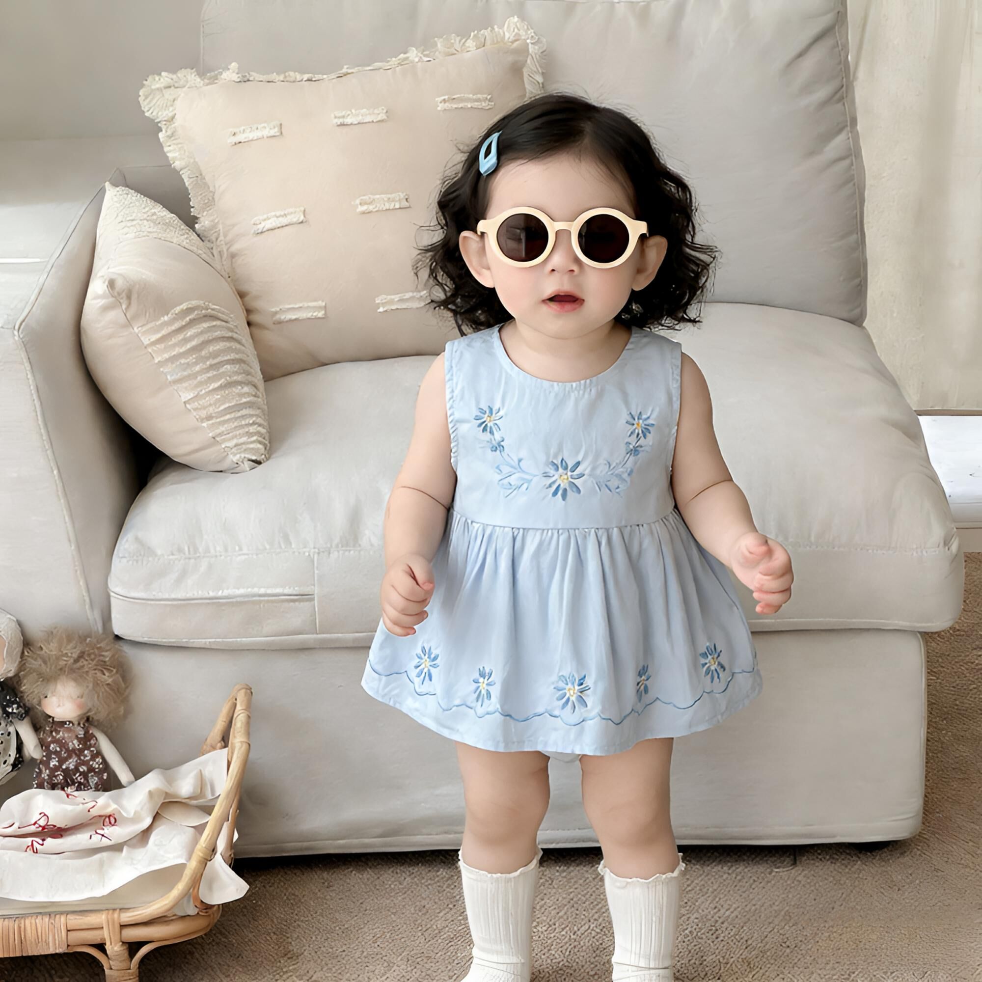 BYC03OP003BL  法式復古粉藍小花刺繡背心包屁裙