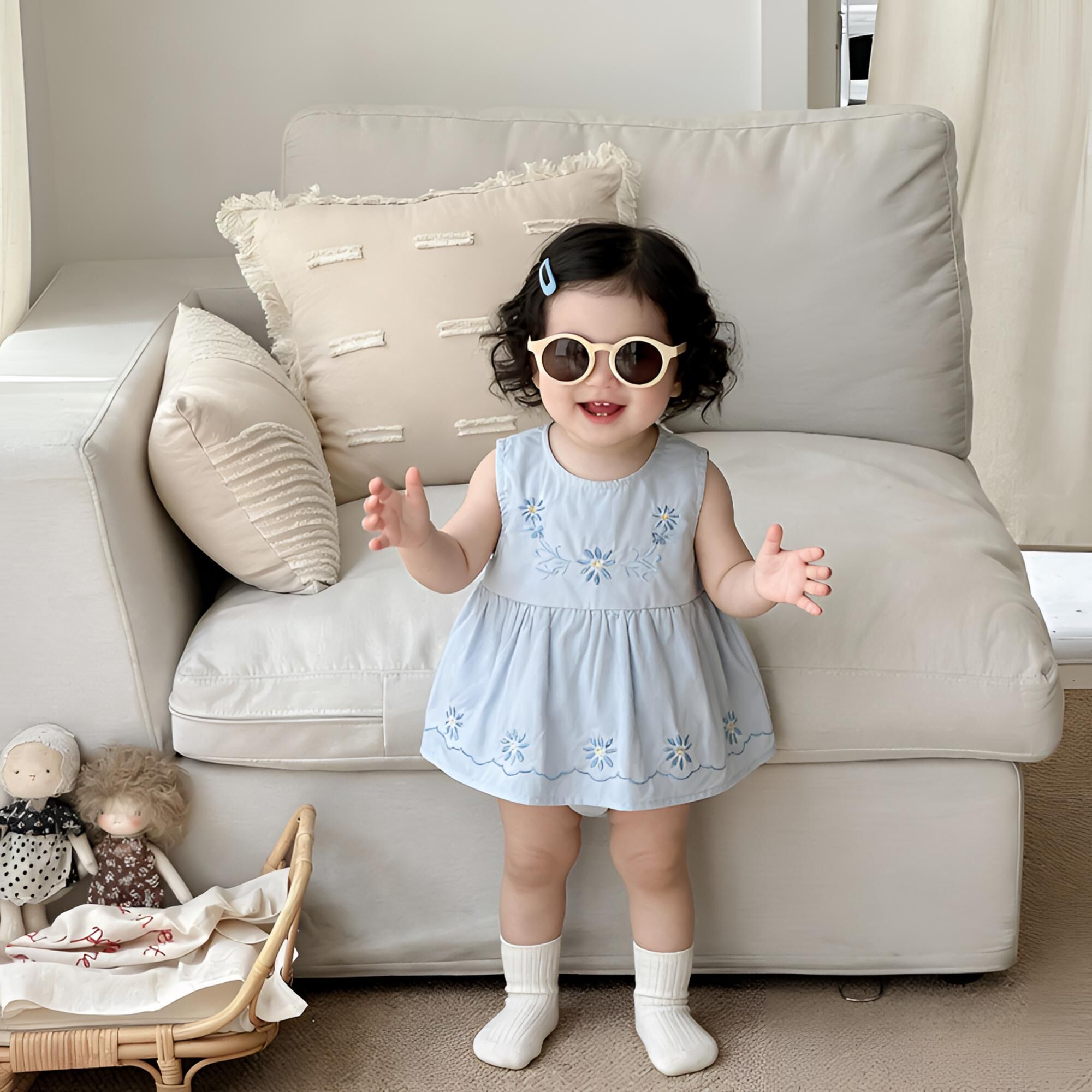 BYC03OP003BL  法式復古粉藍小花刺繡背心包屁裙