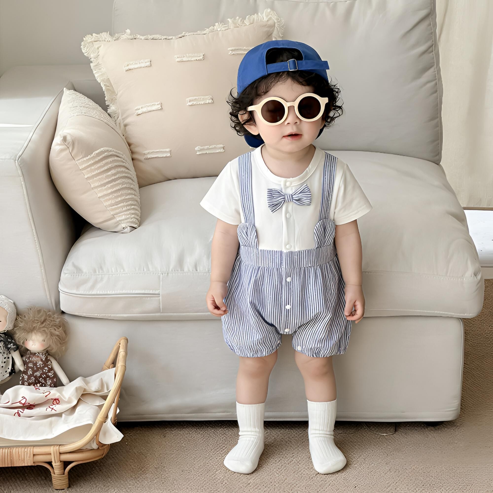 BYC03OP006BL  藍白條紋拼布bowtie小紳士夾衣