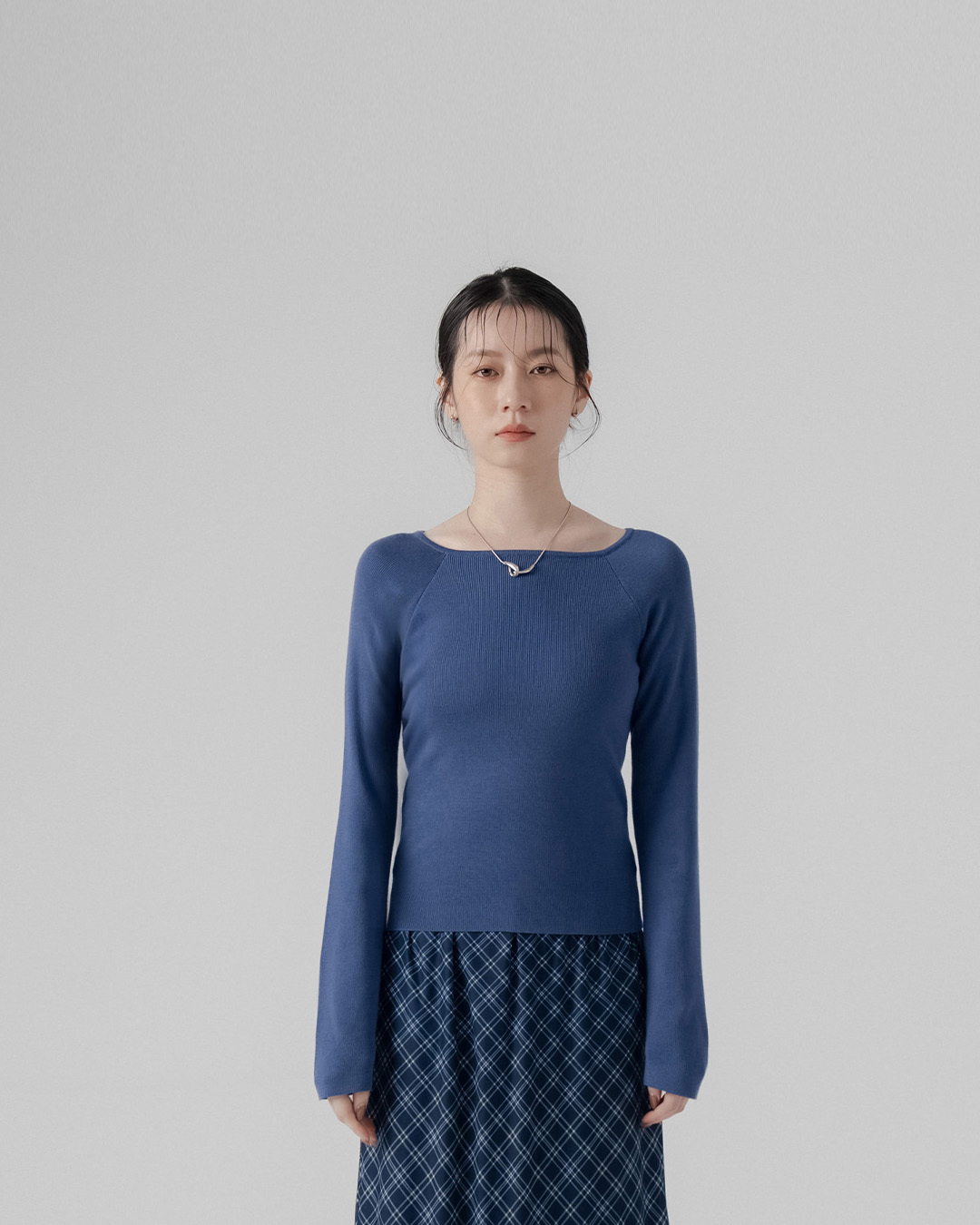 Textured Square Neck Ribbed Elastic Knit Top - Blue【01099230】in stock+pre-order