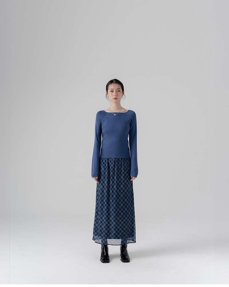 Textured Square Neck Ribbed Elastic Knit Top - Blue【01099230】in stock+pre-order