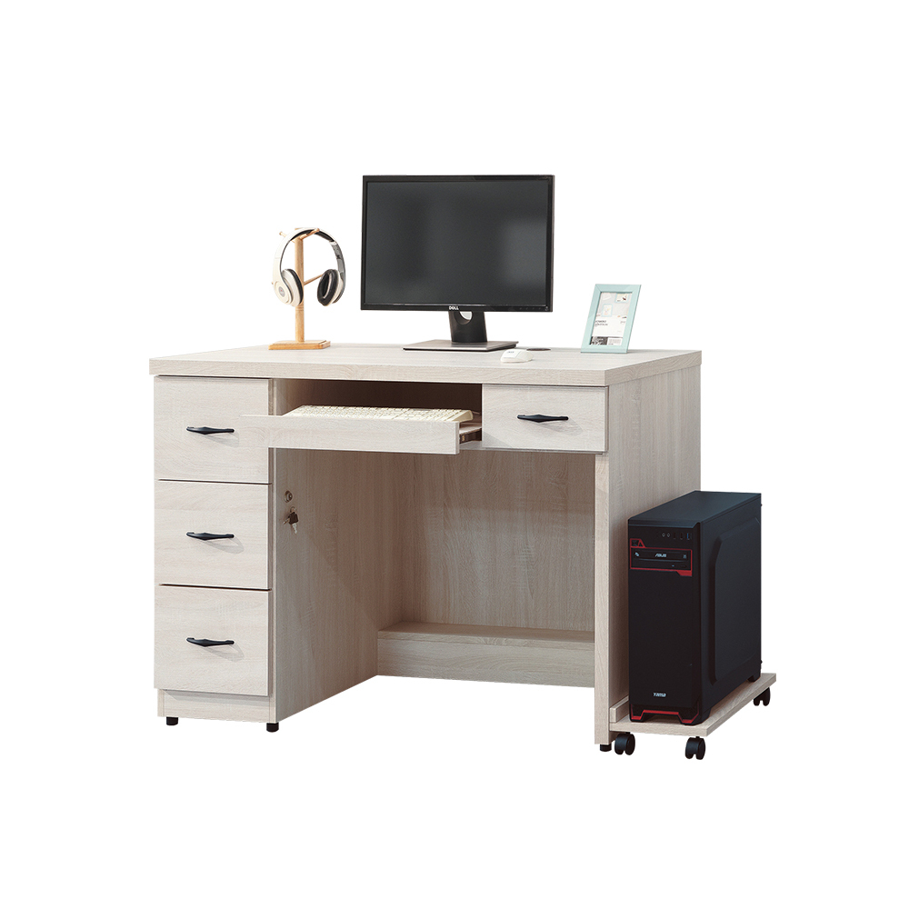 柏蒂家居-諾蘭4尺四抽電腦書桌/工作桌/辦公桌-附主機架