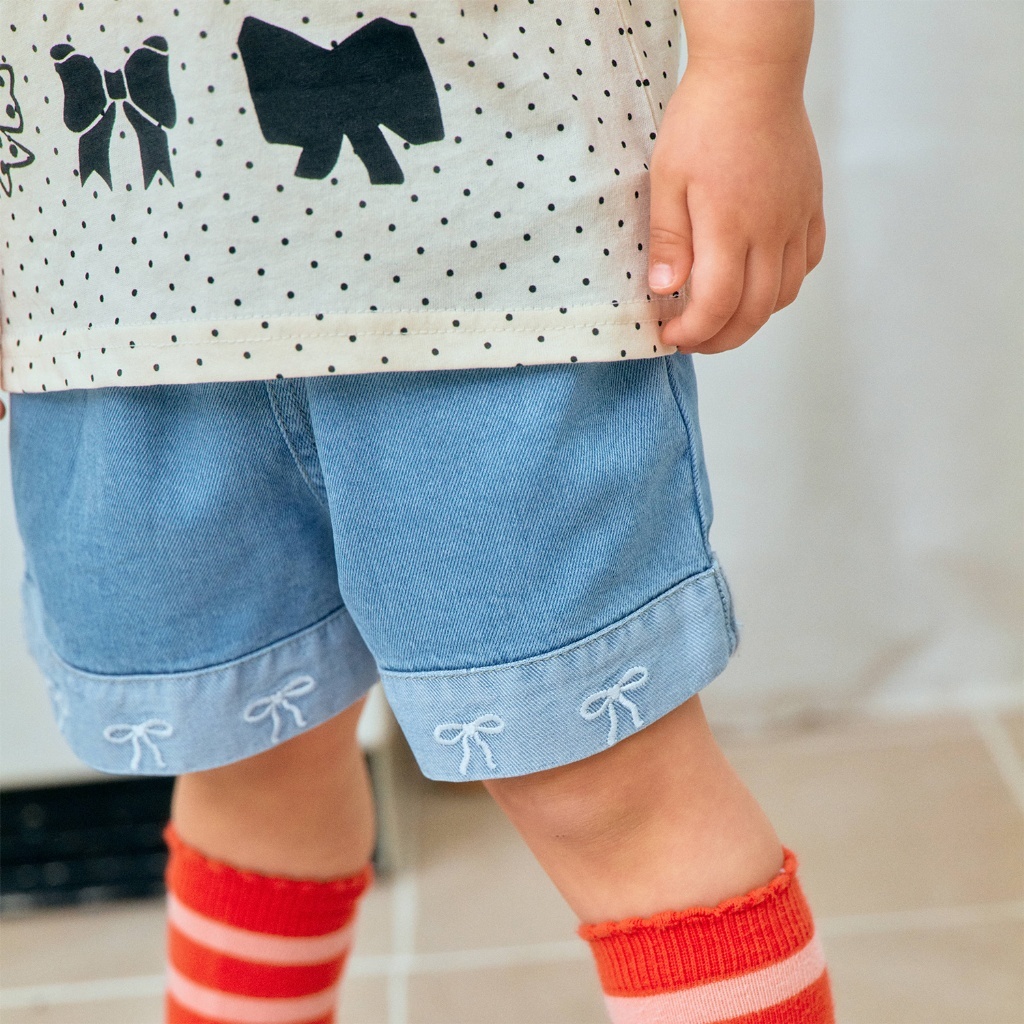 正韓夏 1stblue 刺繡蝴蝶結牛仔短褲