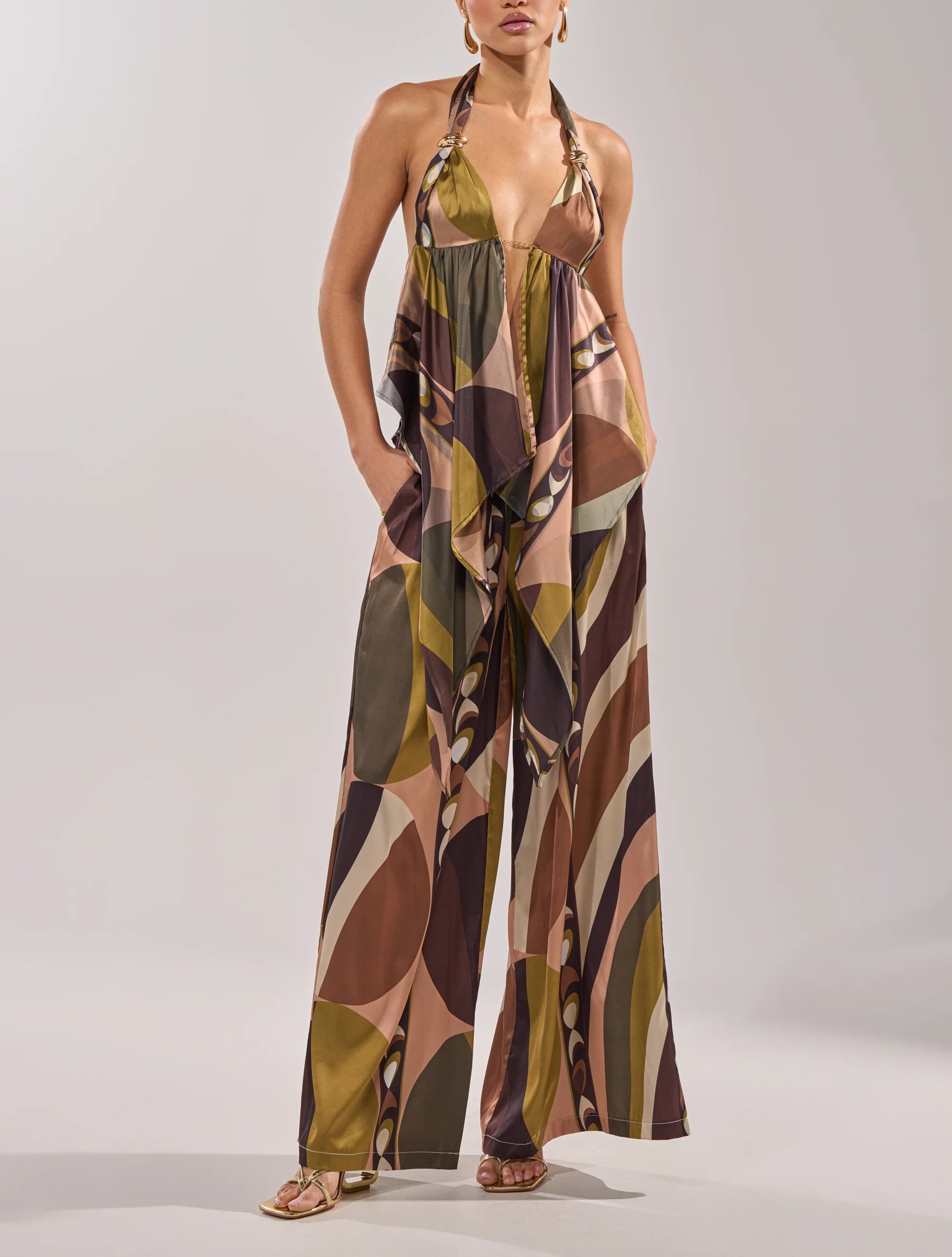 Tropical奢華度假印花金鍊絲緞上衣+長寬褲套裝