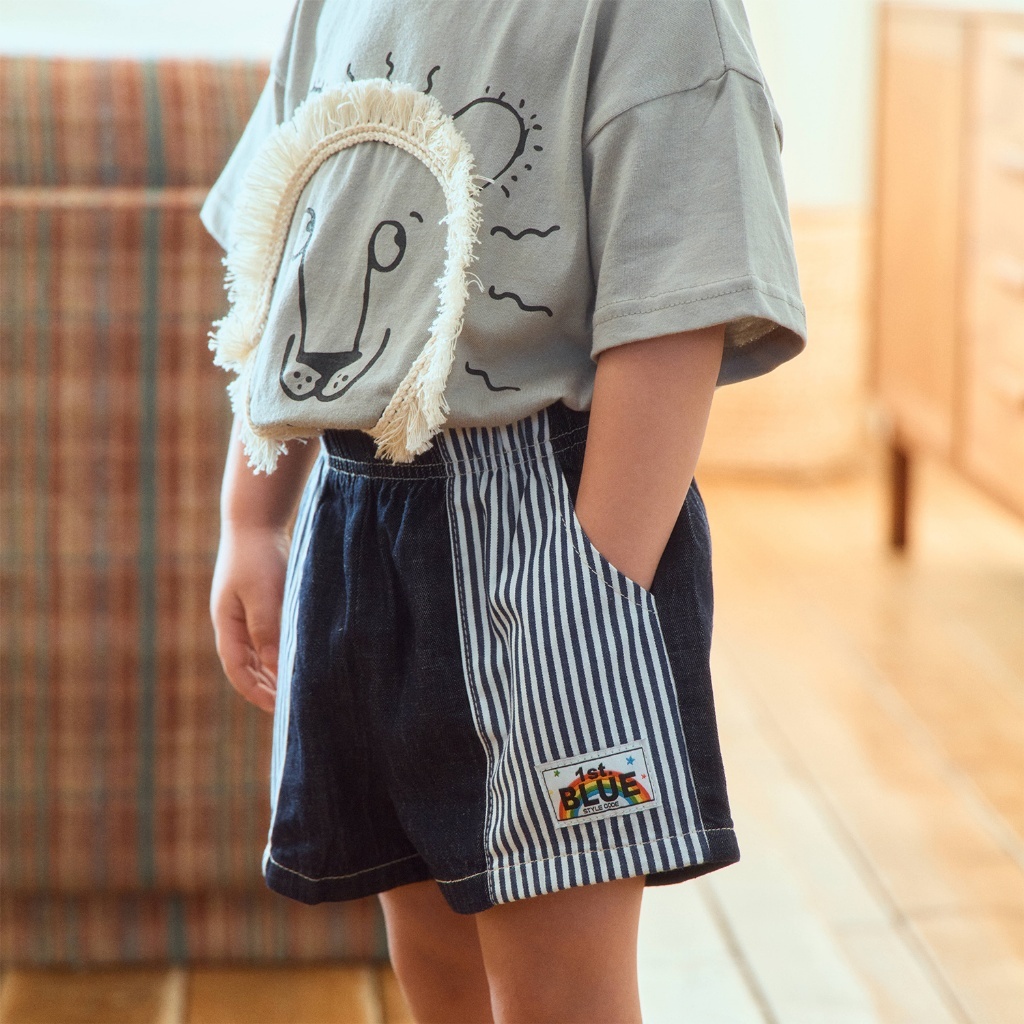 正韓夏 1stblue 拼接直條彩虹小標短褲