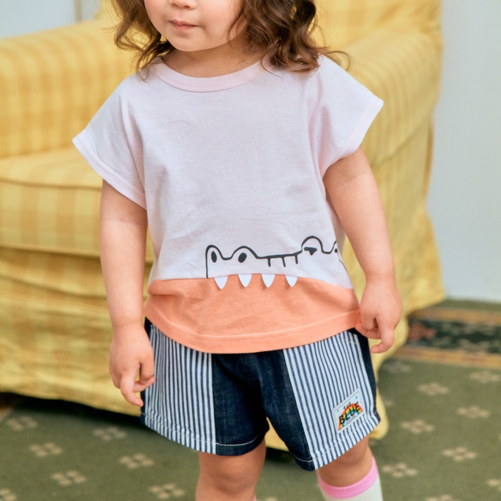 正韓夏 1stblue 拼接直條彩虹小標短褲