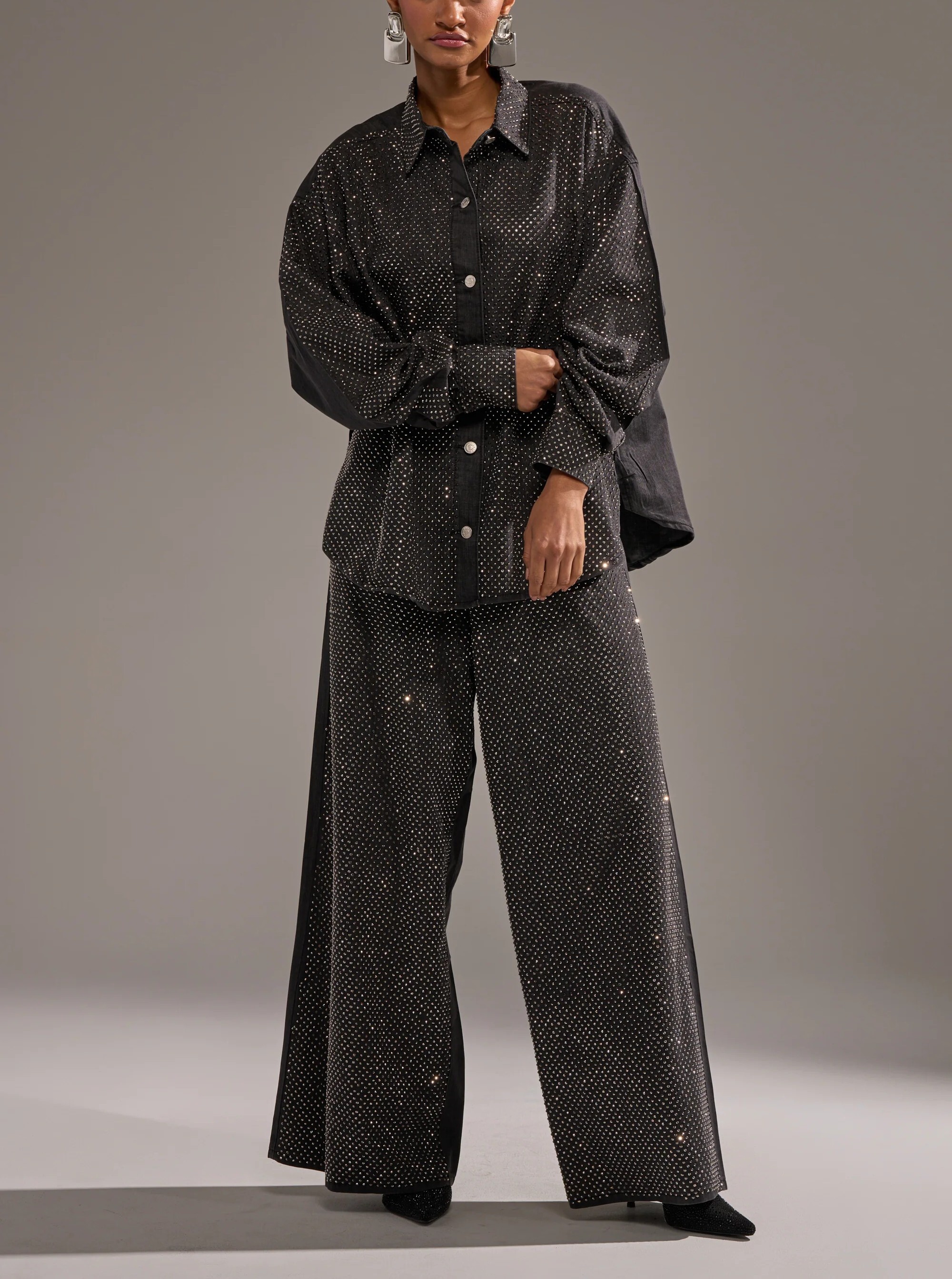 Glam Denim水洗灰色水鑽單寧襯衫上衣