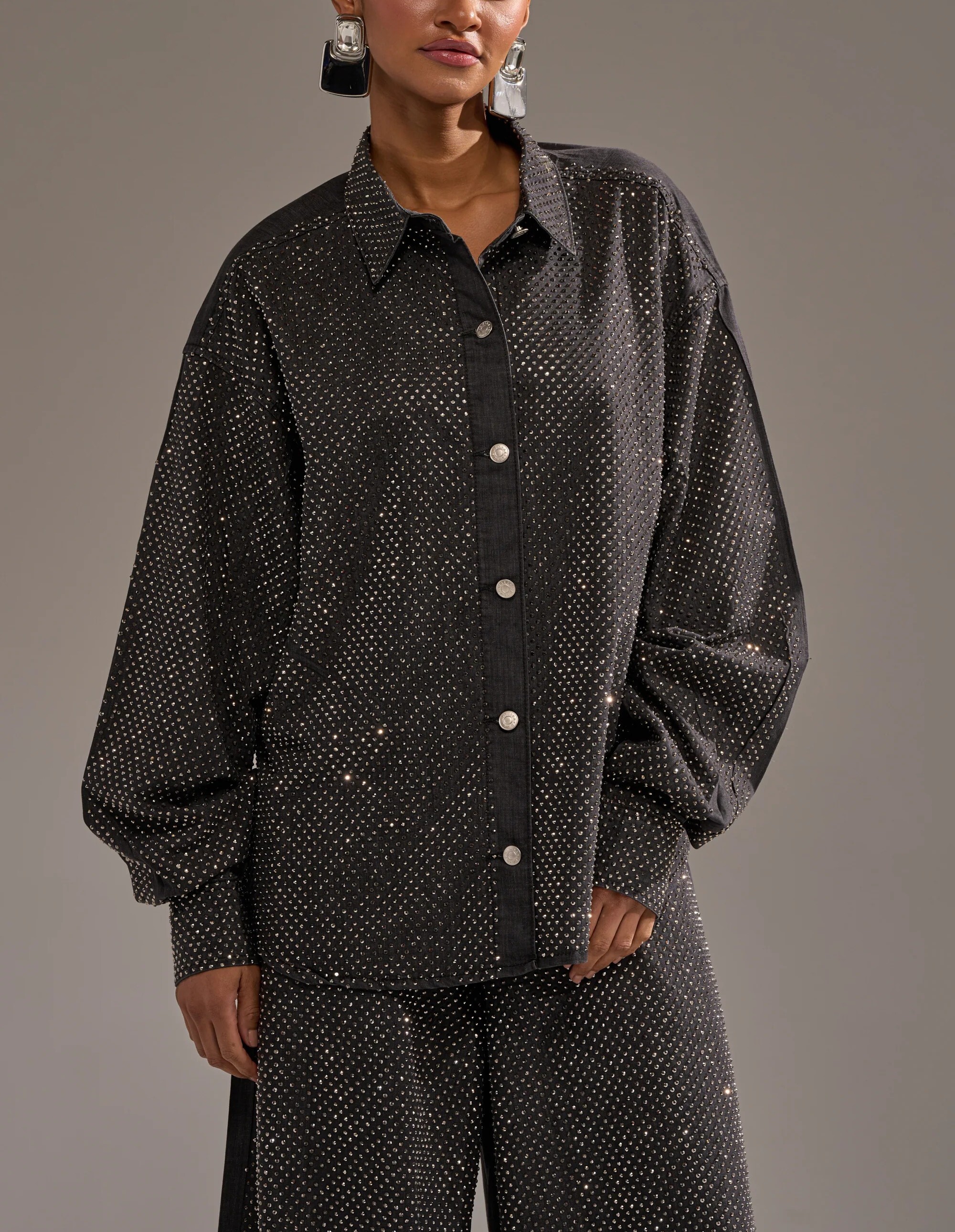 Glam Denim水洗灰色水鑽單寧襯衫上衣