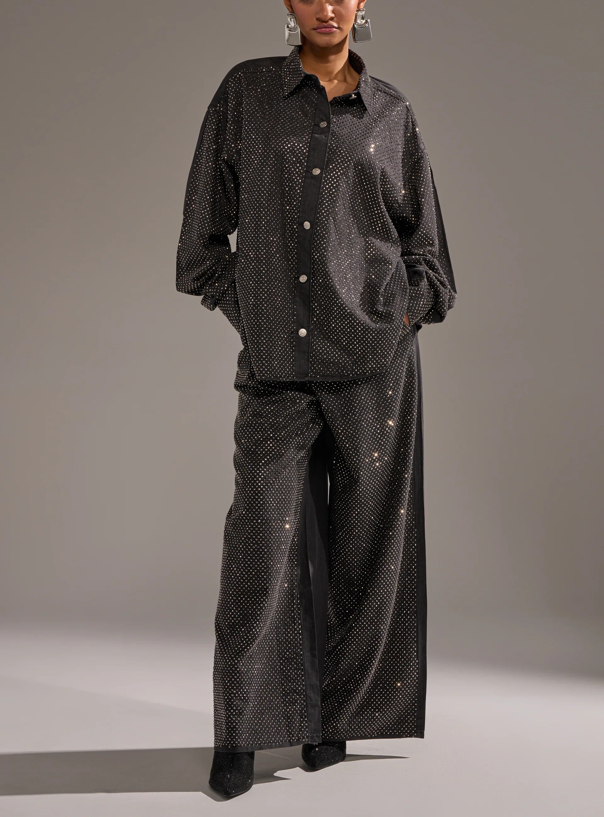 Glam Denim水洗灰色水鑽單寧寧長寛褲