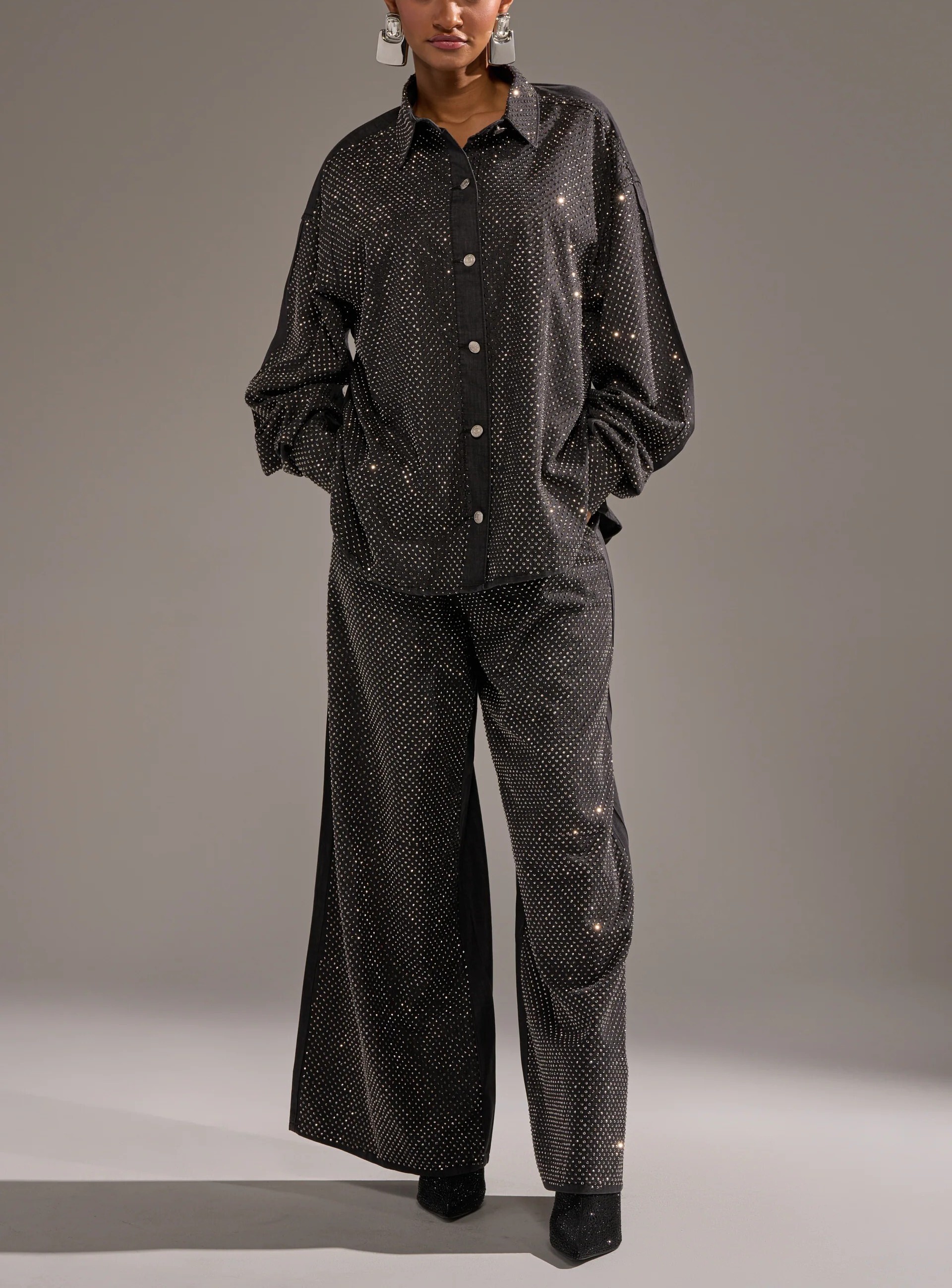 Glam Denim水洗灰色水鑽單寧寧長寛褲