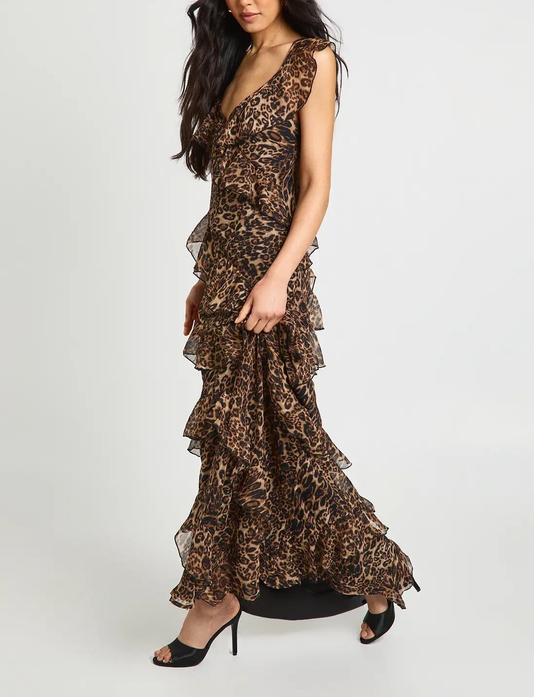 Black Leopard 豹紋印花深V領雪紡紗荷葉飾邊 Maxi Dress