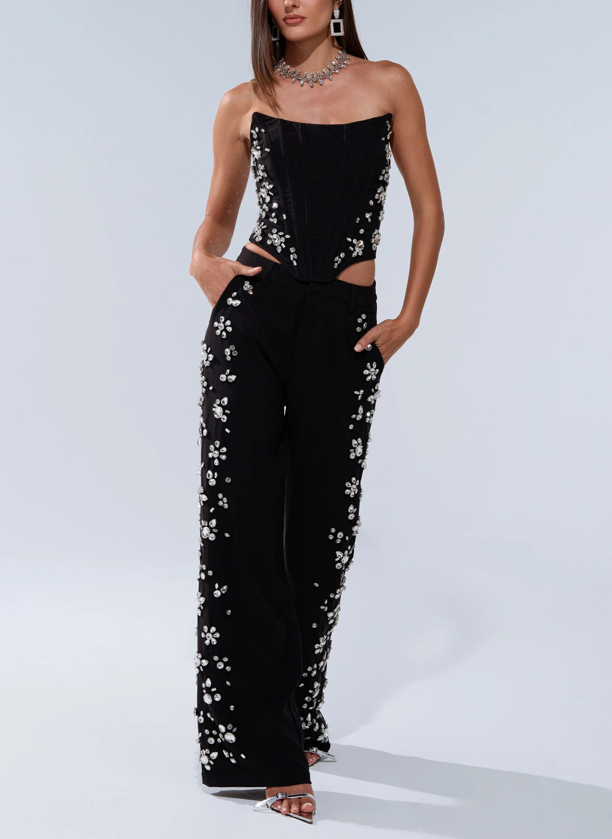 Black Feeling黑色高腰水鑽花卉長寬褲