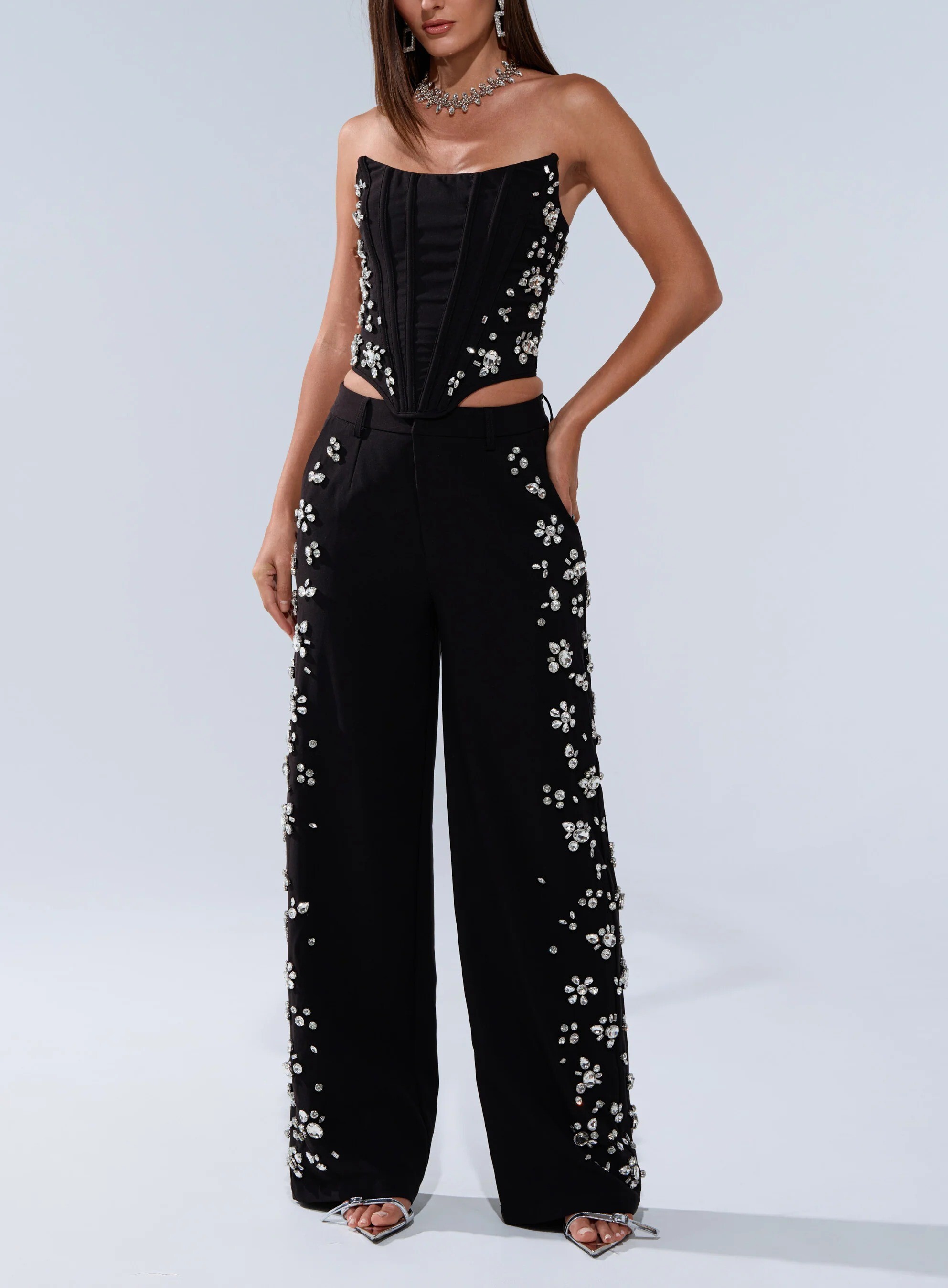 Black Feeling黑色高腰水鑽花卉長寬褲