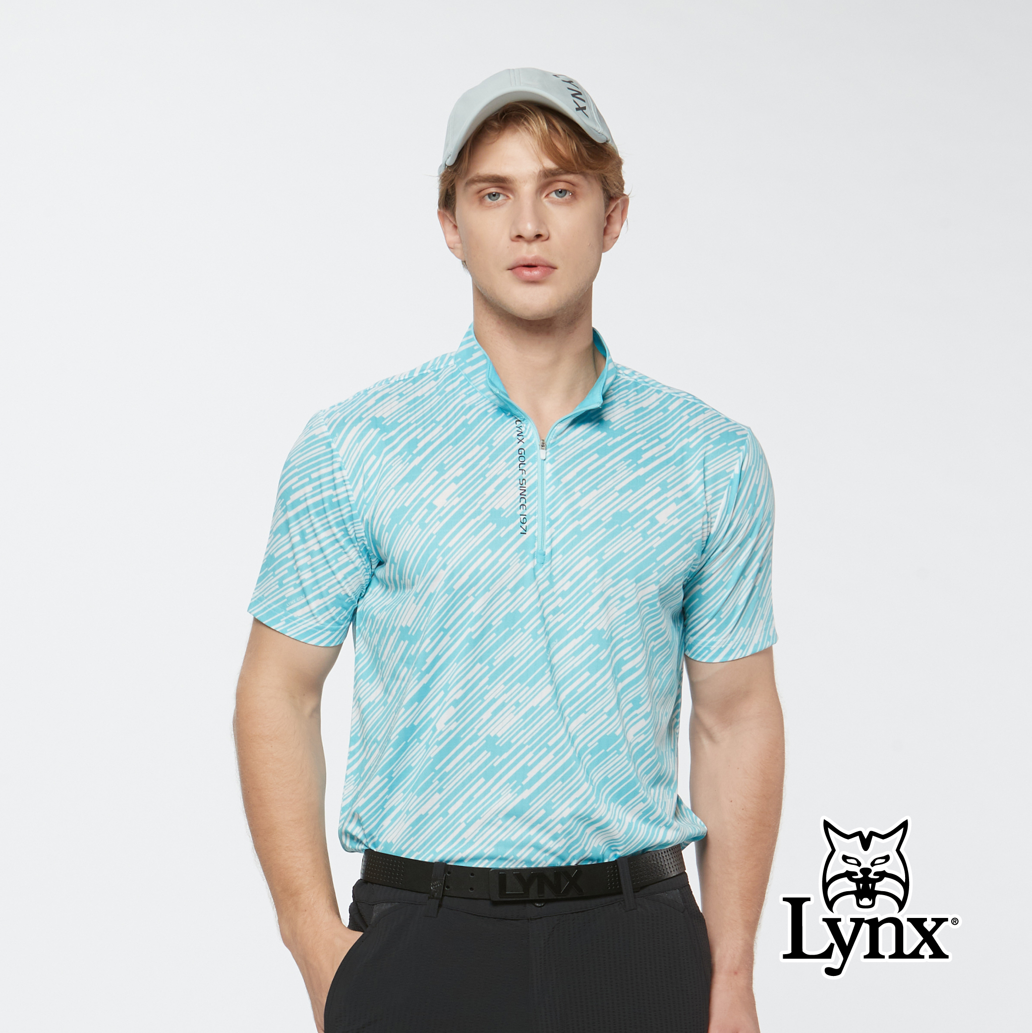 男款吸濕排汗小方格花紋半開襟短袖POLO衫