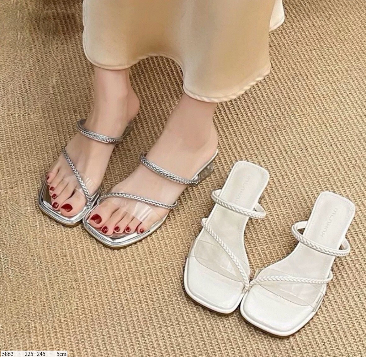 5863  韓國法式水晶跟編織細帶涼拖