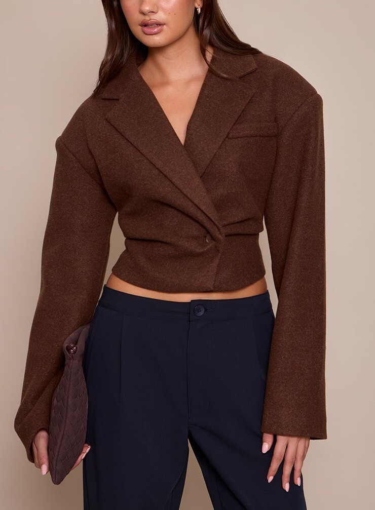 Chocolate巧克力色寬肩短版西裝外套