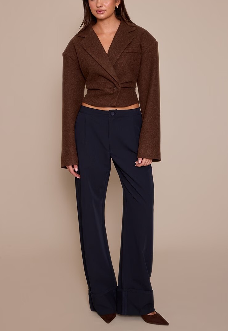 Chocolate巧克力色寬肩短版西裝外套