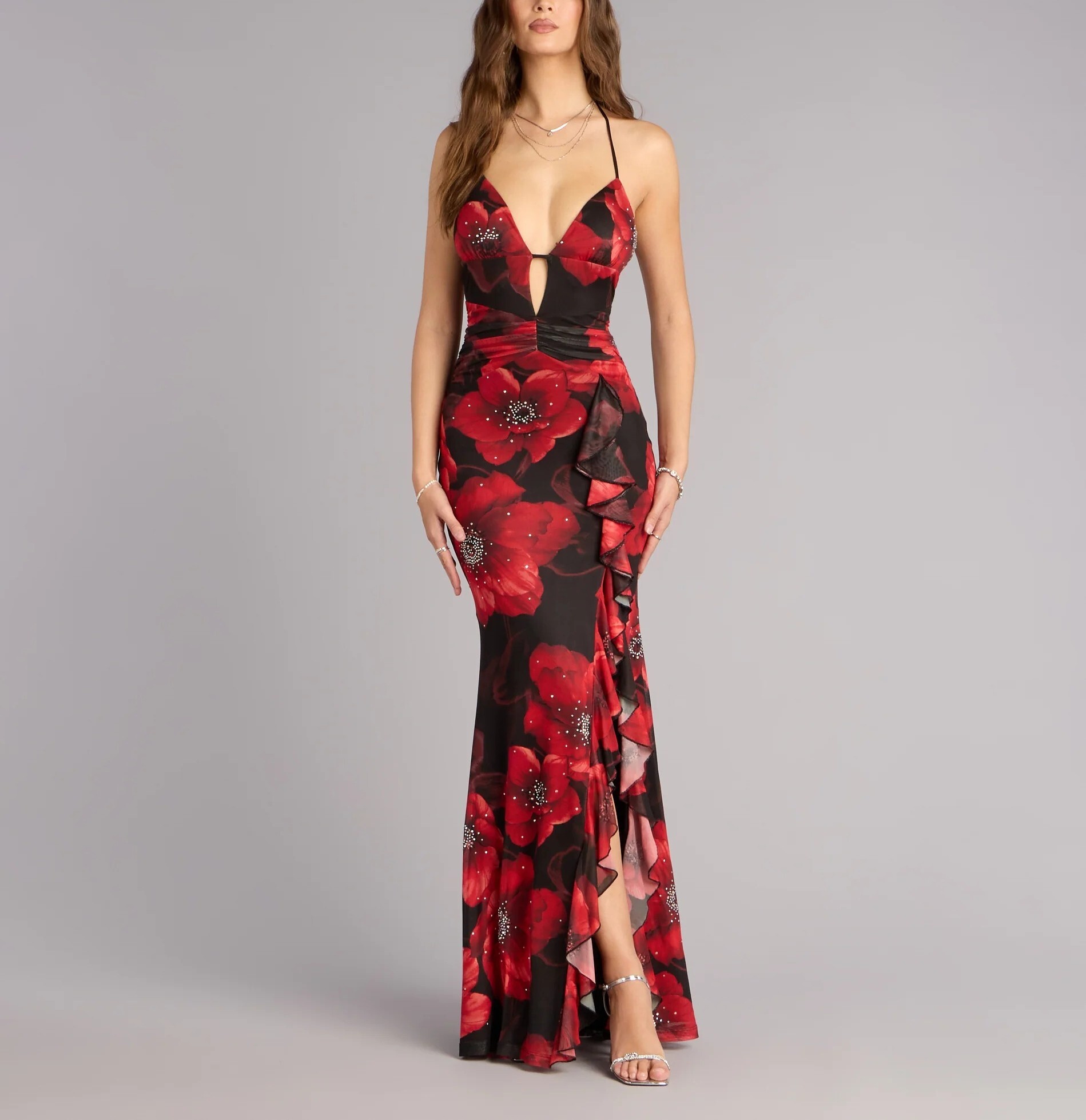 Glam Red紅色印花水鑽網紗開叉長洋裝