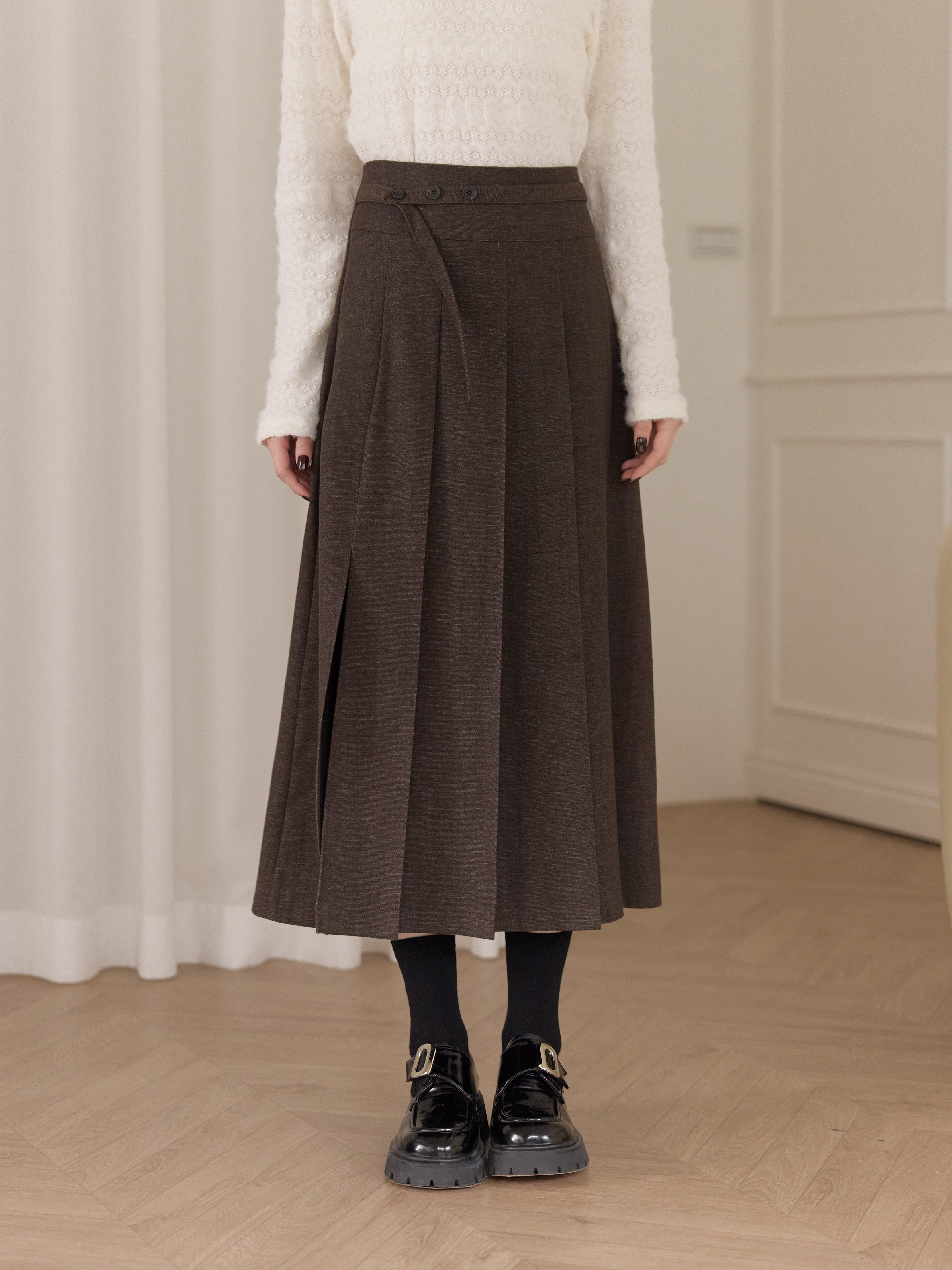 高腰遮胯百褶開衩長裙