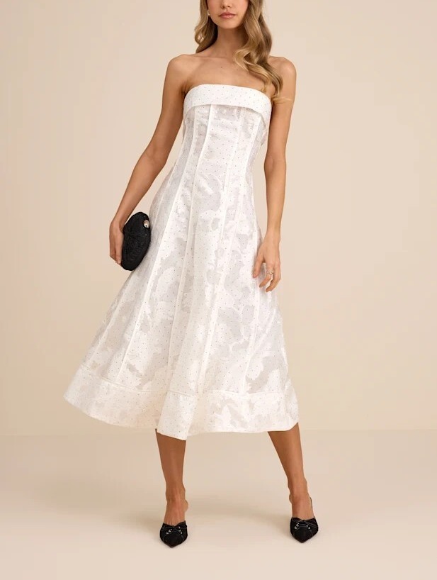 White Floral白色翻摺領燒花燙鑽Dress