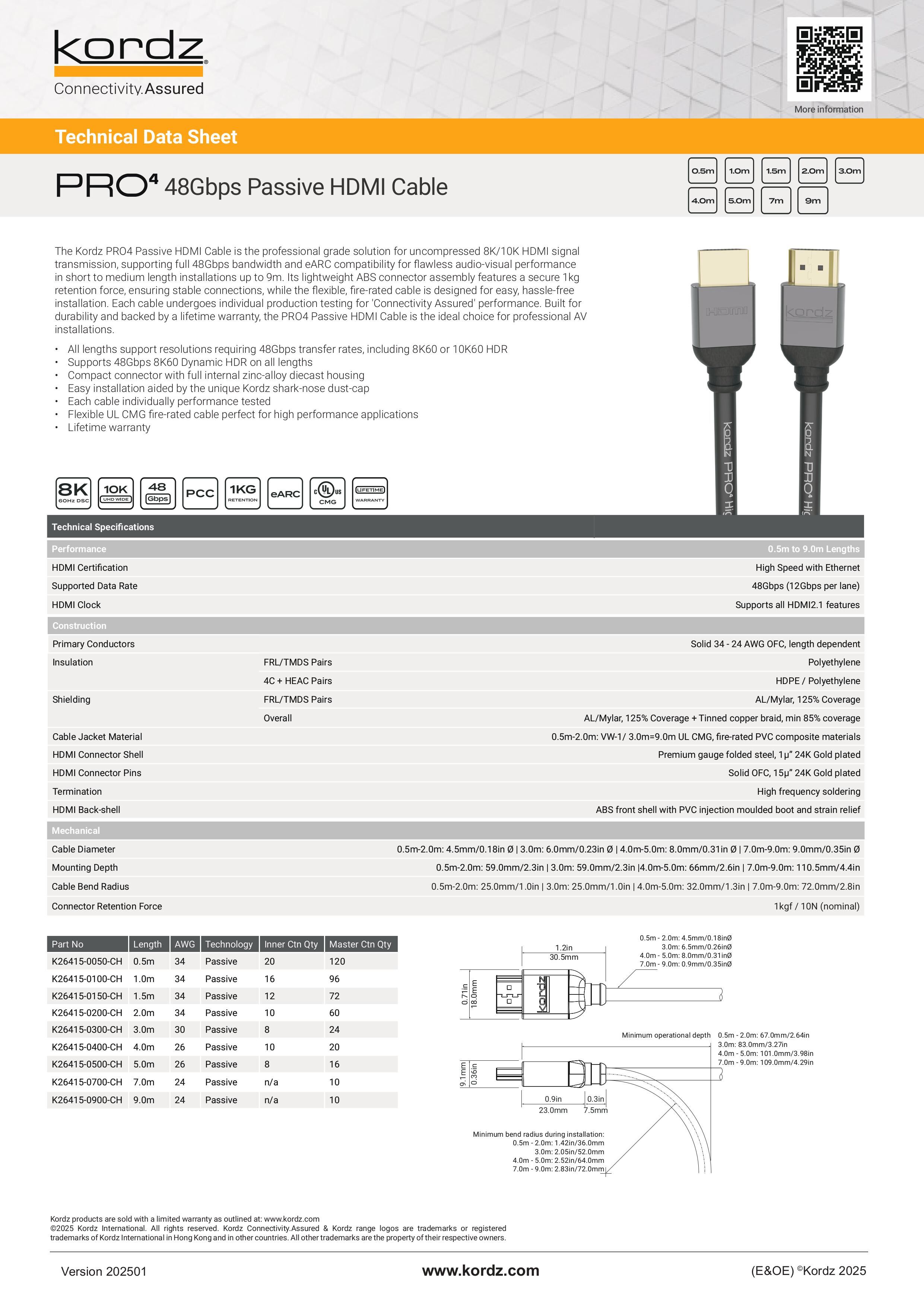 Kordz PRO4 48Gbps Passive HDMI Cable Data Sheet