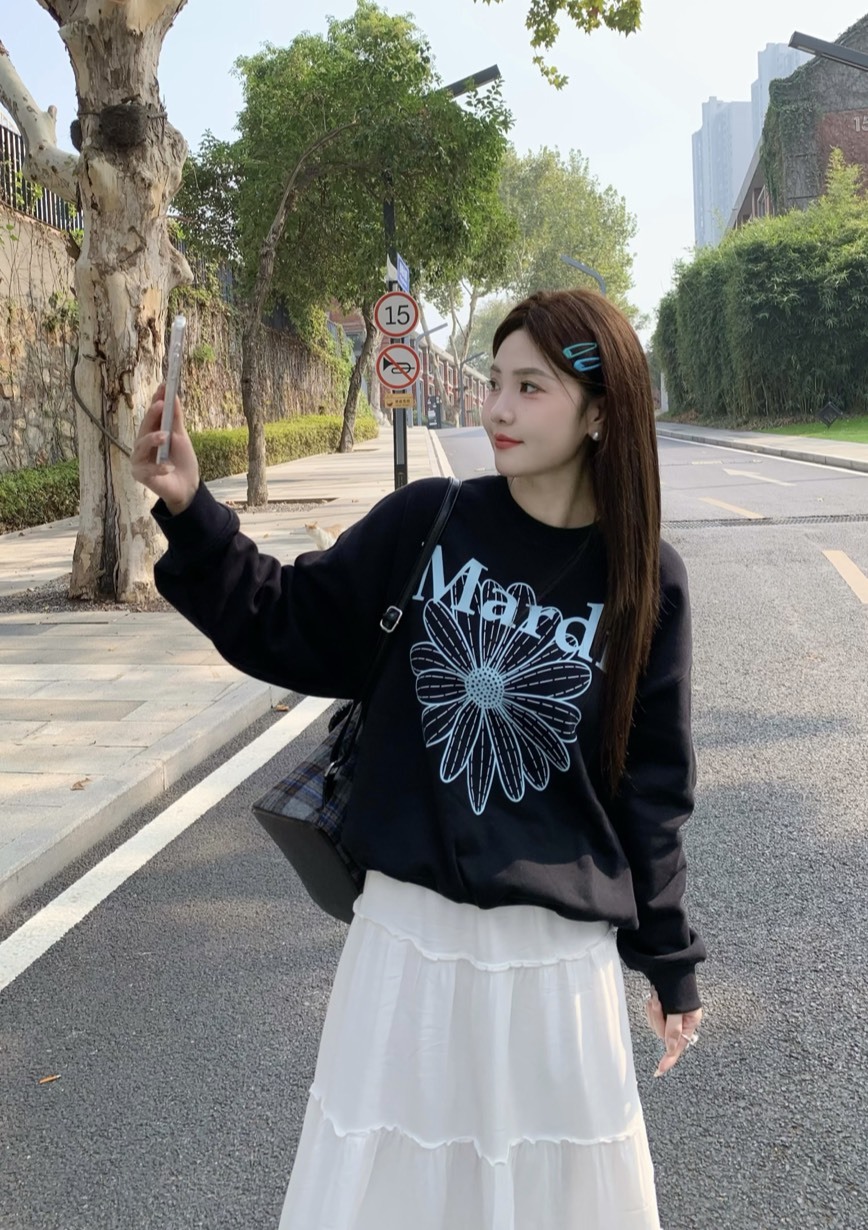 MARDI MERCREDI 經典小雛菊 印花 衛衣 大學tee 黑/天藍