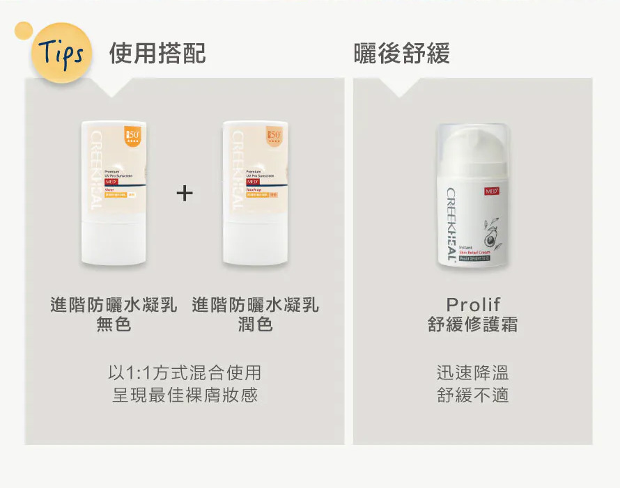 CREEKHEAL 防曬搭配技巧：1:1 混合無色與潤色水凝乳呈現裸妝感，及曬後使用 Prolif 舒緩修護霜降溫