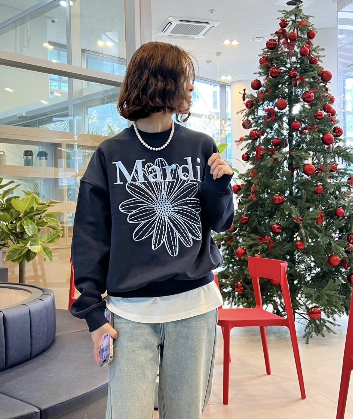 MARDI MERCREDI 經典小雛菊 刺繡 衛衣 大學tee 黑/天藍