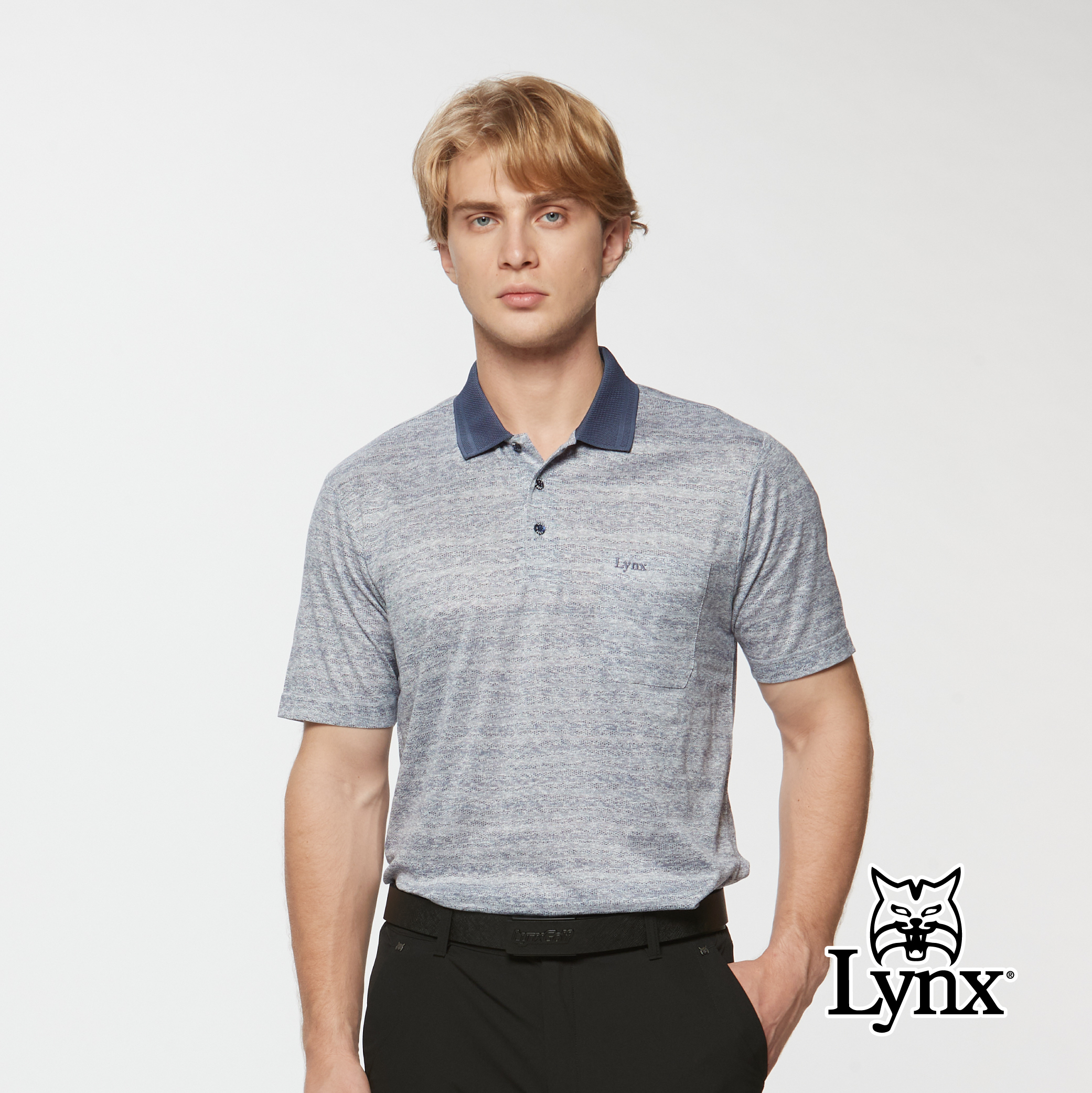 男款純棉進口布料緹花胸袋短袖POLO衫