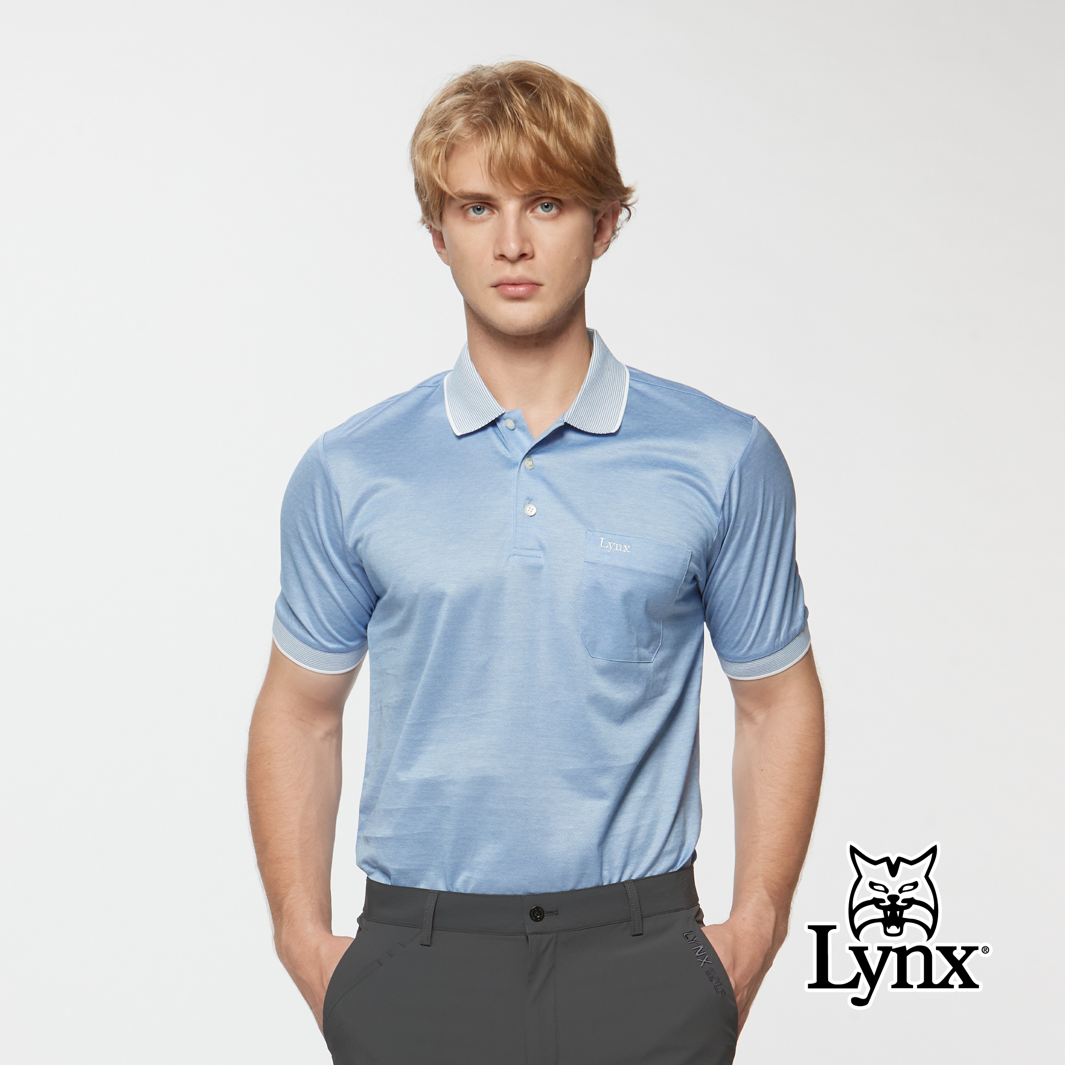 男款純棉進口素面造型緹花胸袋短袖POLO衫