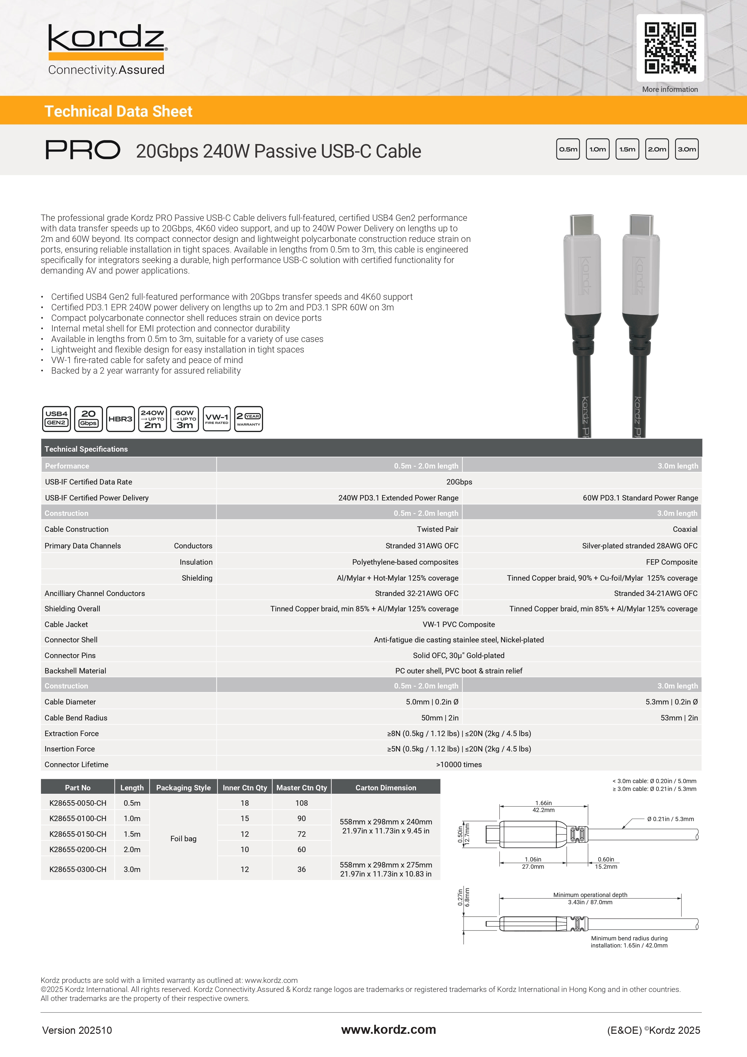 Kordz PRO 20Gbps 240W Passive USB-C Cable Data Sheet