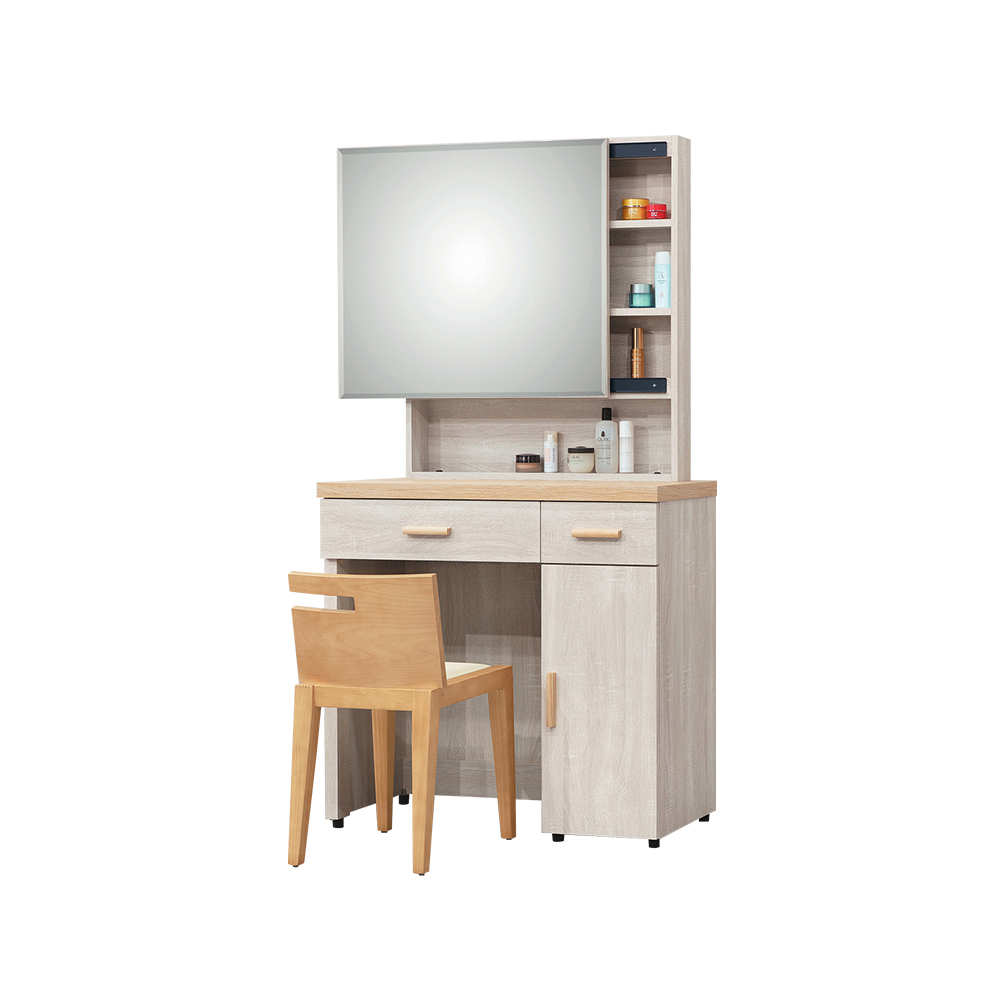 柏蒂家居-米諾3尺推門鏡面收納化妝桌/梳妝鏡台/梳妝檯(贈化妝椅)