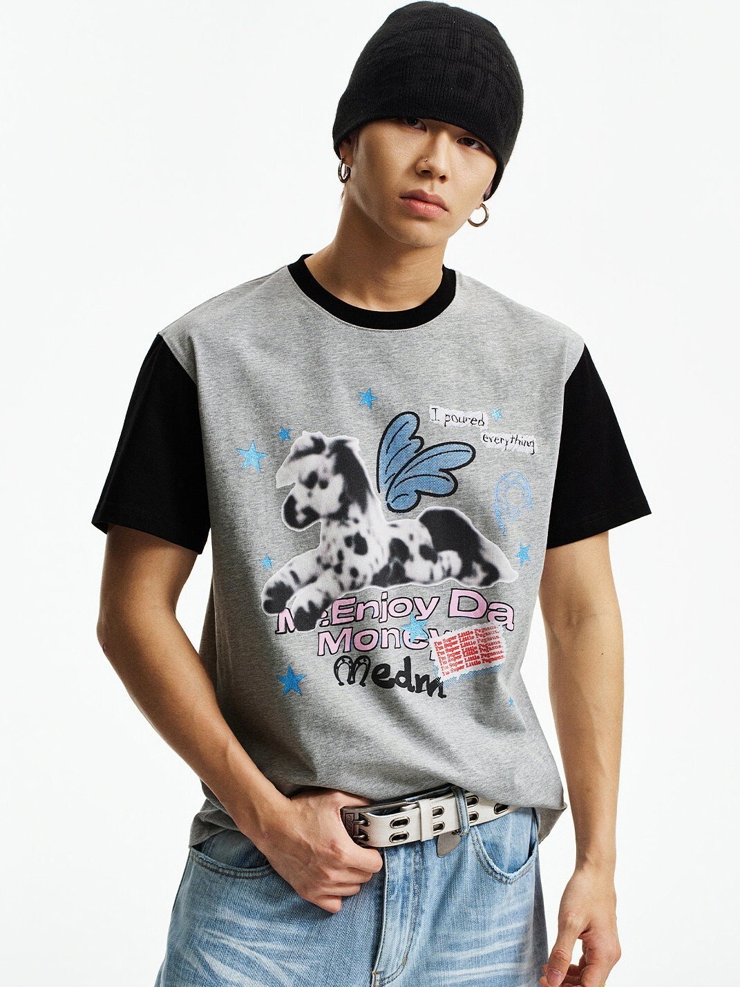 MEDM 模糊小馬印花 星星閃粉 拼接袖子 短袖T