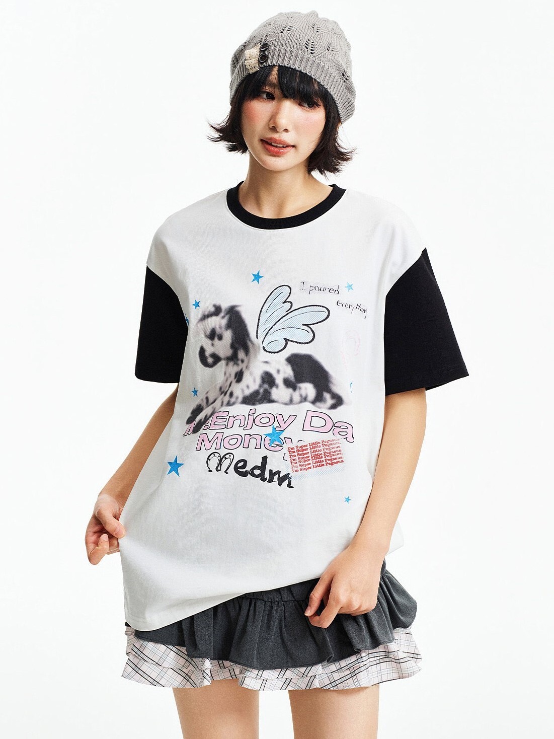 MEDM 模糊小馬印花 星星閃粉 拼接袖子 短袖T