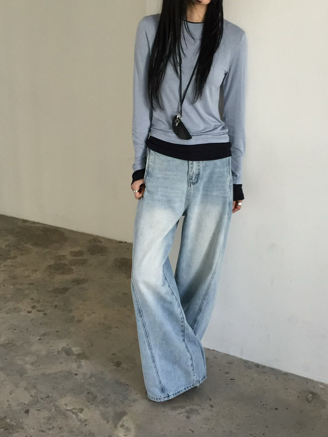 #AF70斜車線牛仔寬褲