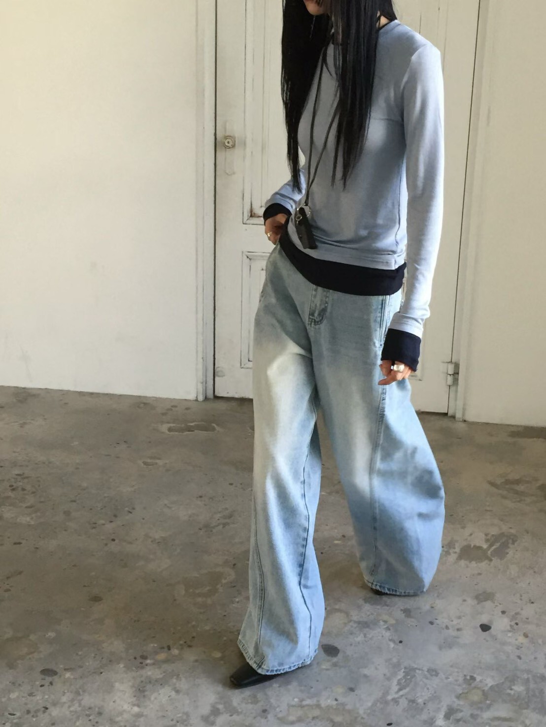 #AF70斜車線牛仔寬褲