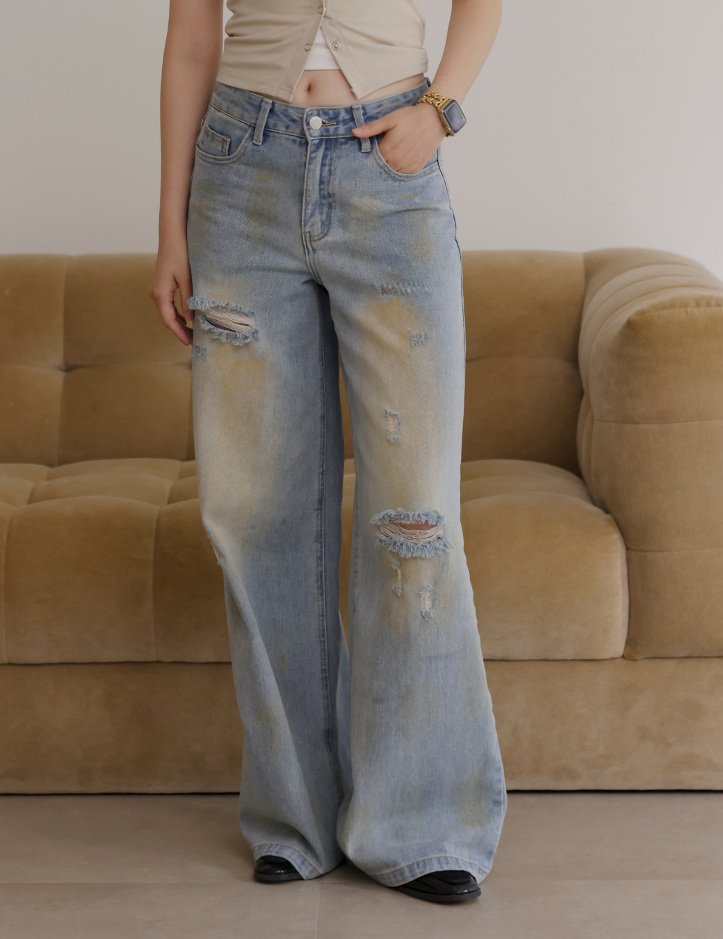 髒髒水洗破壞感牛仔褲（6尺寸）