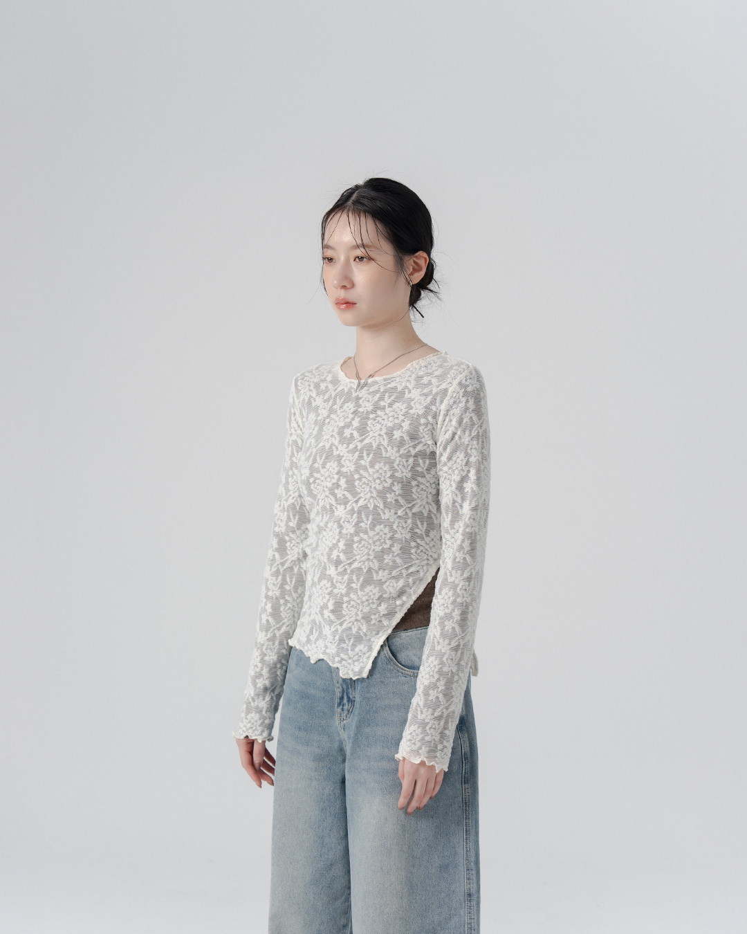 3D lace jacquard openwork side-gathered top - Apricot【01099378】in stock+pre-order