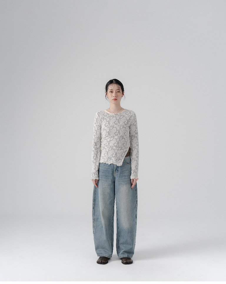 3D lace jacquard openwork side-gathered top - Apricot【01099378】in stock+pre-order