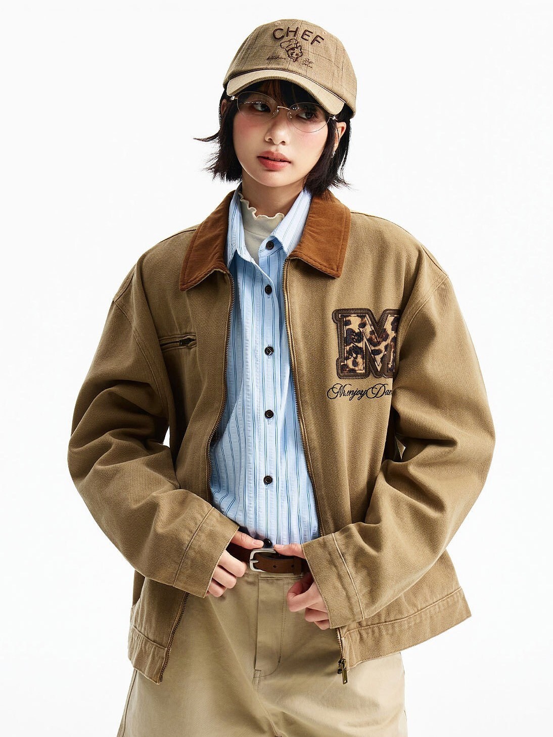 MEDM 雙層皮馬毛 豹紋字母貼布 復古休閒 翻領外套