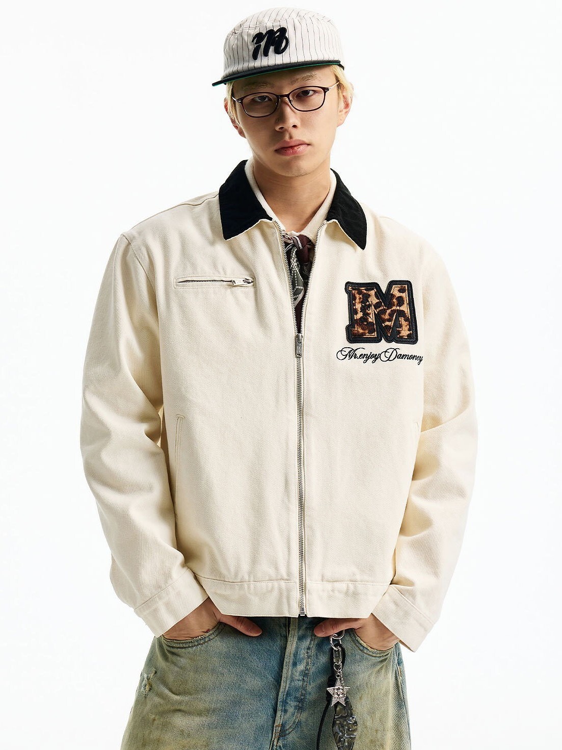 MEDM 雙層皮馬毛 豹紋字母貼布 復古休閒 翻領外套