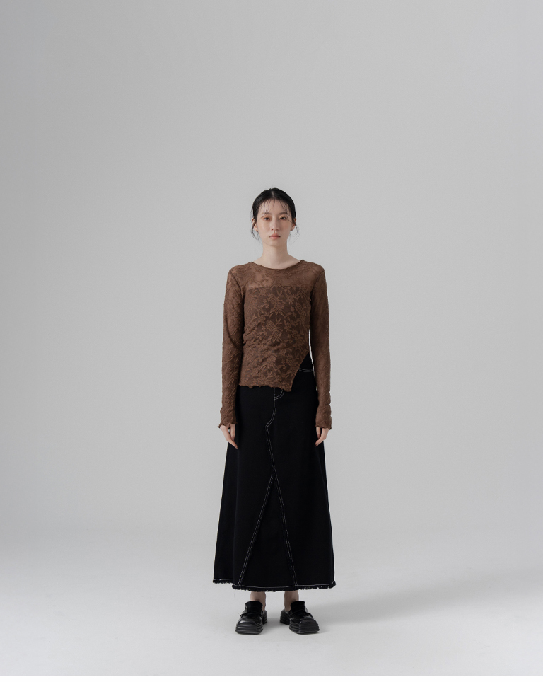 3D lace jacquard openwork side-gathered top - coffee【01099380】in stock+pre-order