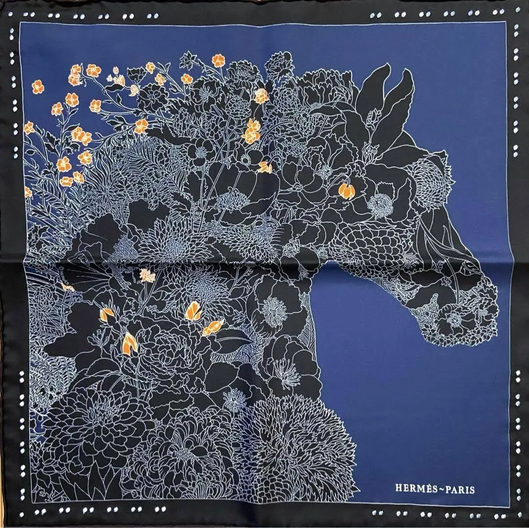 Hermes Robe Legere embroidered scarf 45 Noir/Deep 黑拼深藍 雙面