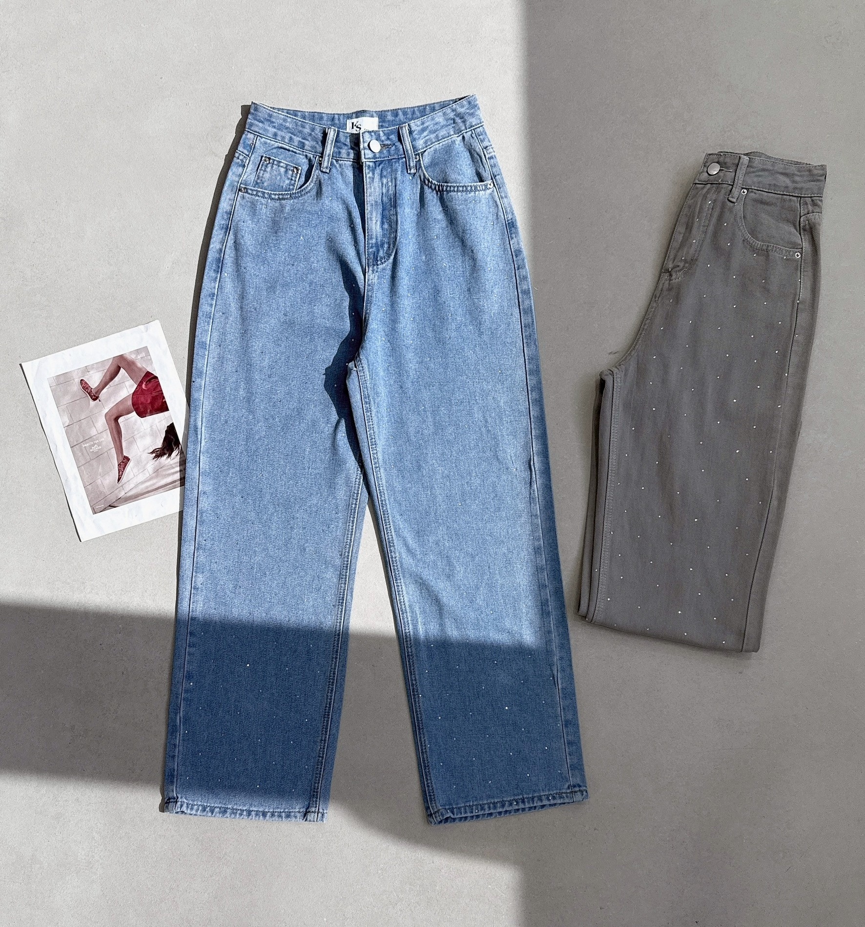 整件燙鑽造型牛仔褲 8876