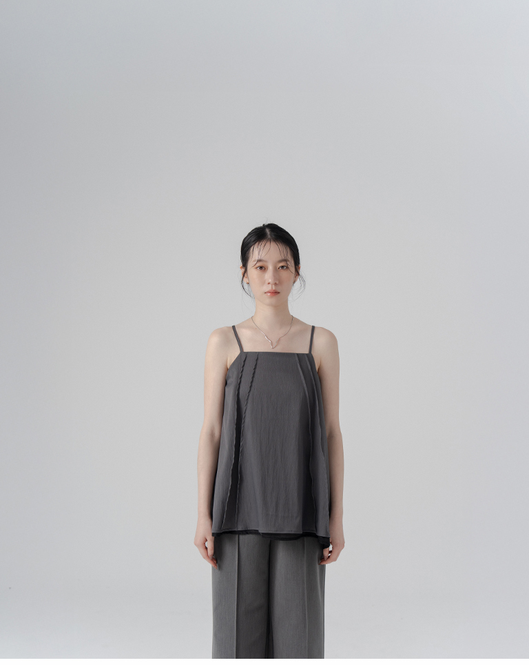 Sheer fabric with strappy textured spaghetti strap vest - grey【01099407】in stock+pre-order