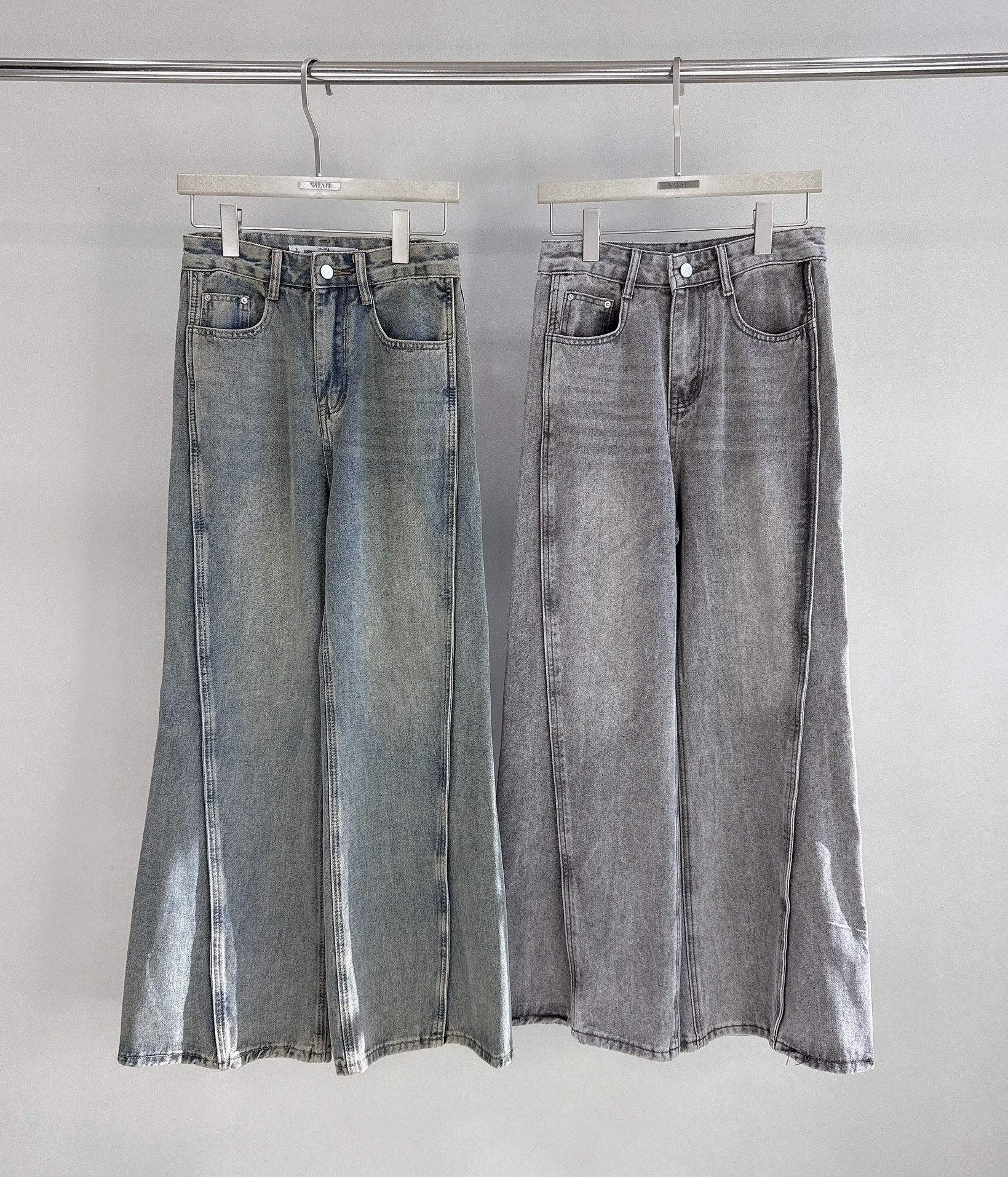 前後斜車線牛仔寬褲 8013淺灰 8014復古藍