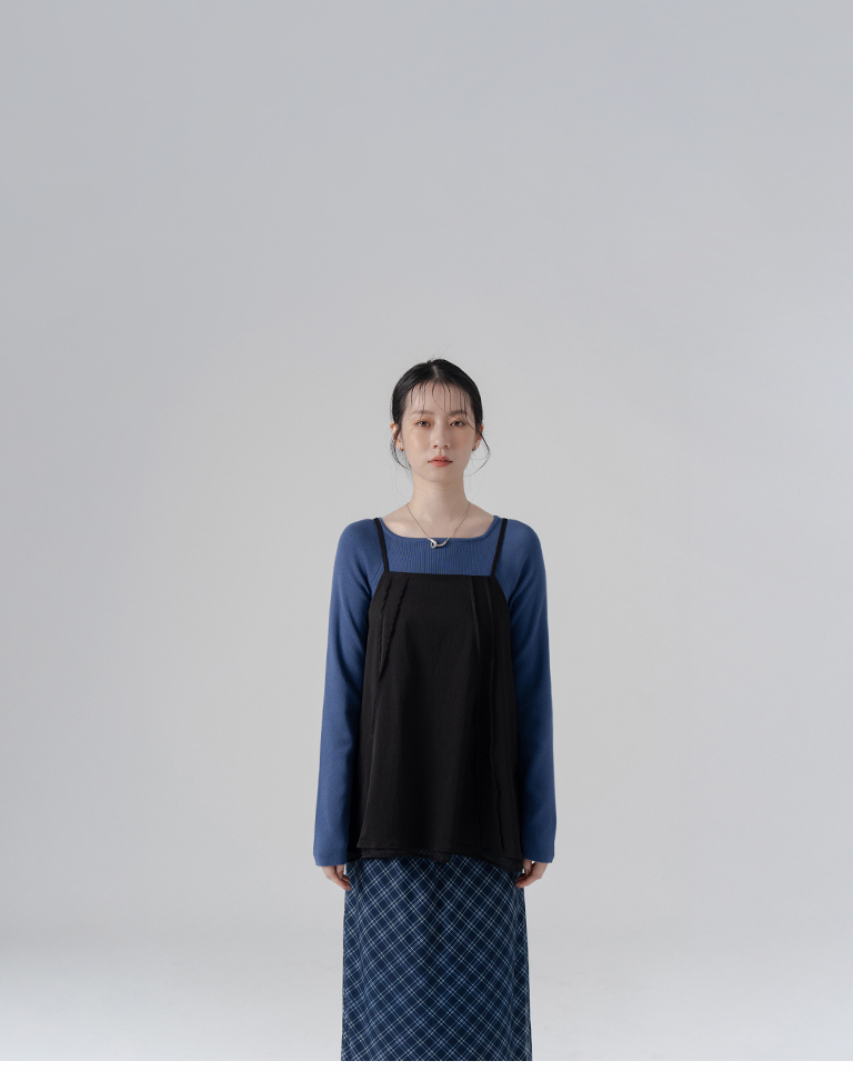 Sheer fabric with strappy textured spaghetti strap vest - Black【01099408】in stock+pre-order